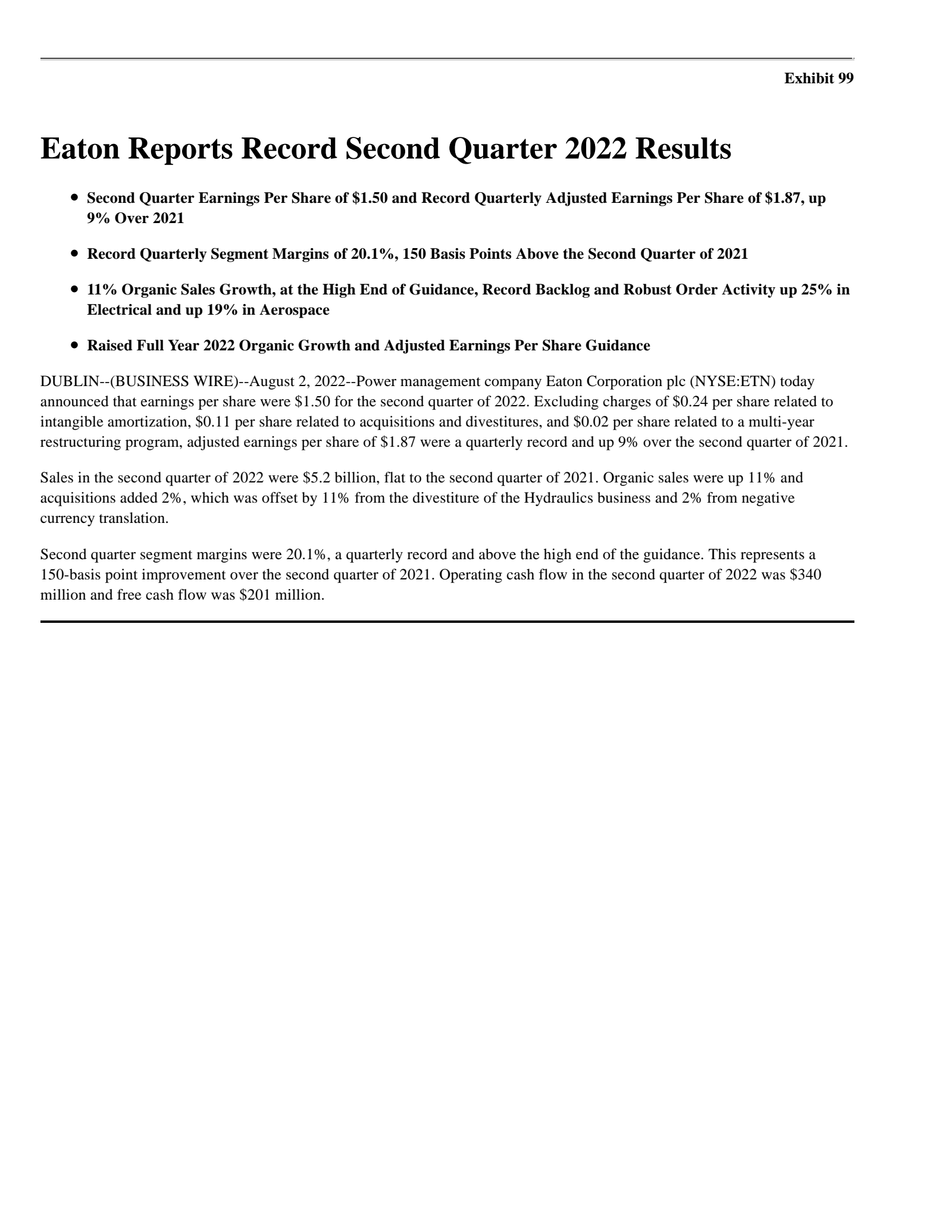 Eaton's Q2 2022 Earnings Release