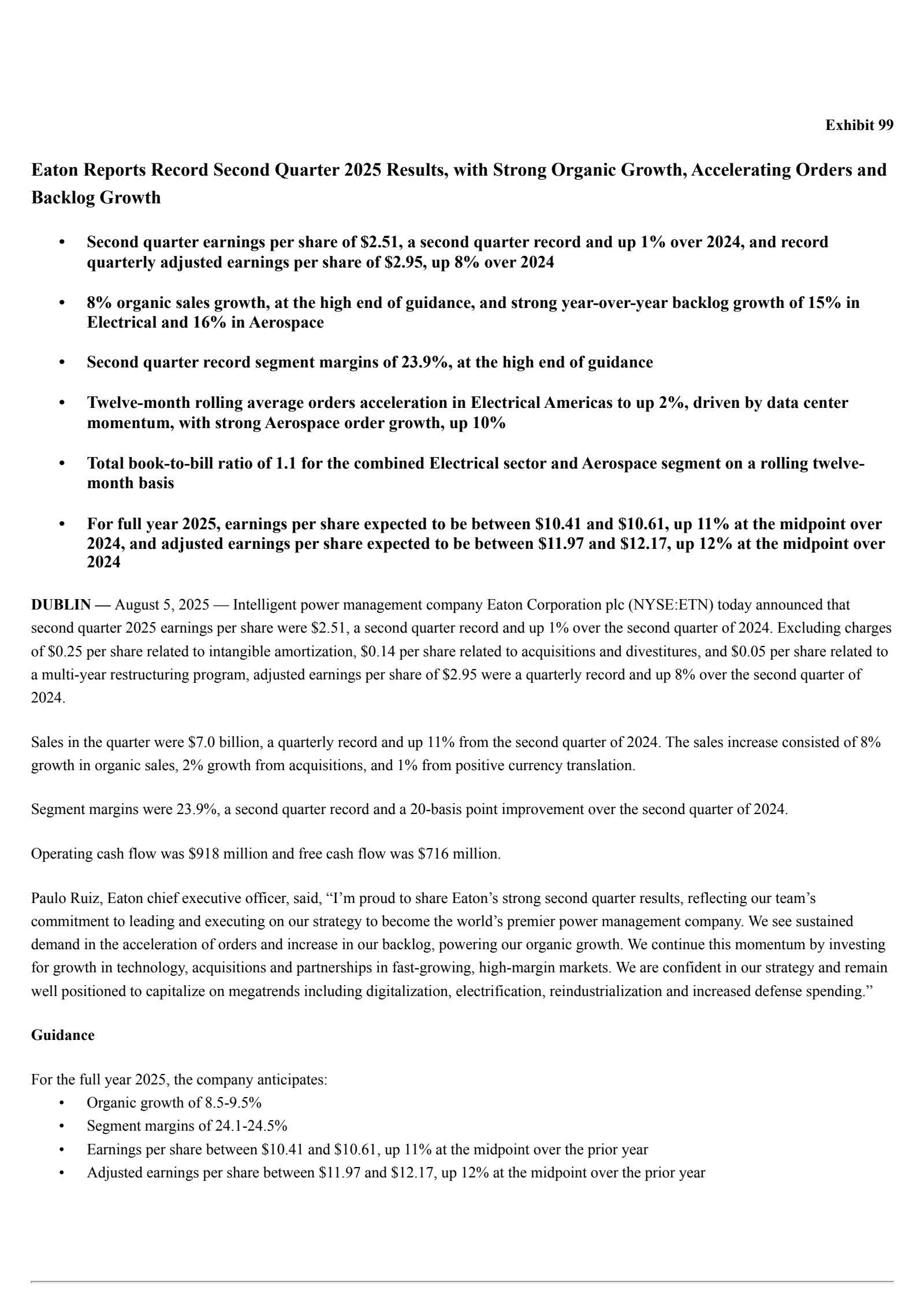 Eaton's Q2 2025 Press Release