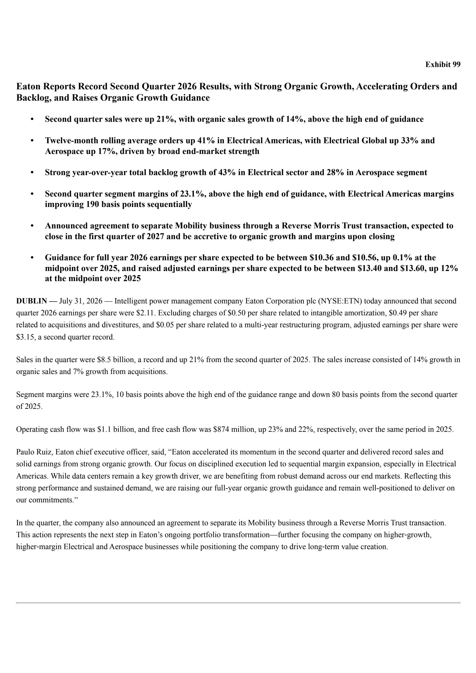 Eaton's Q2 2026 Press Release