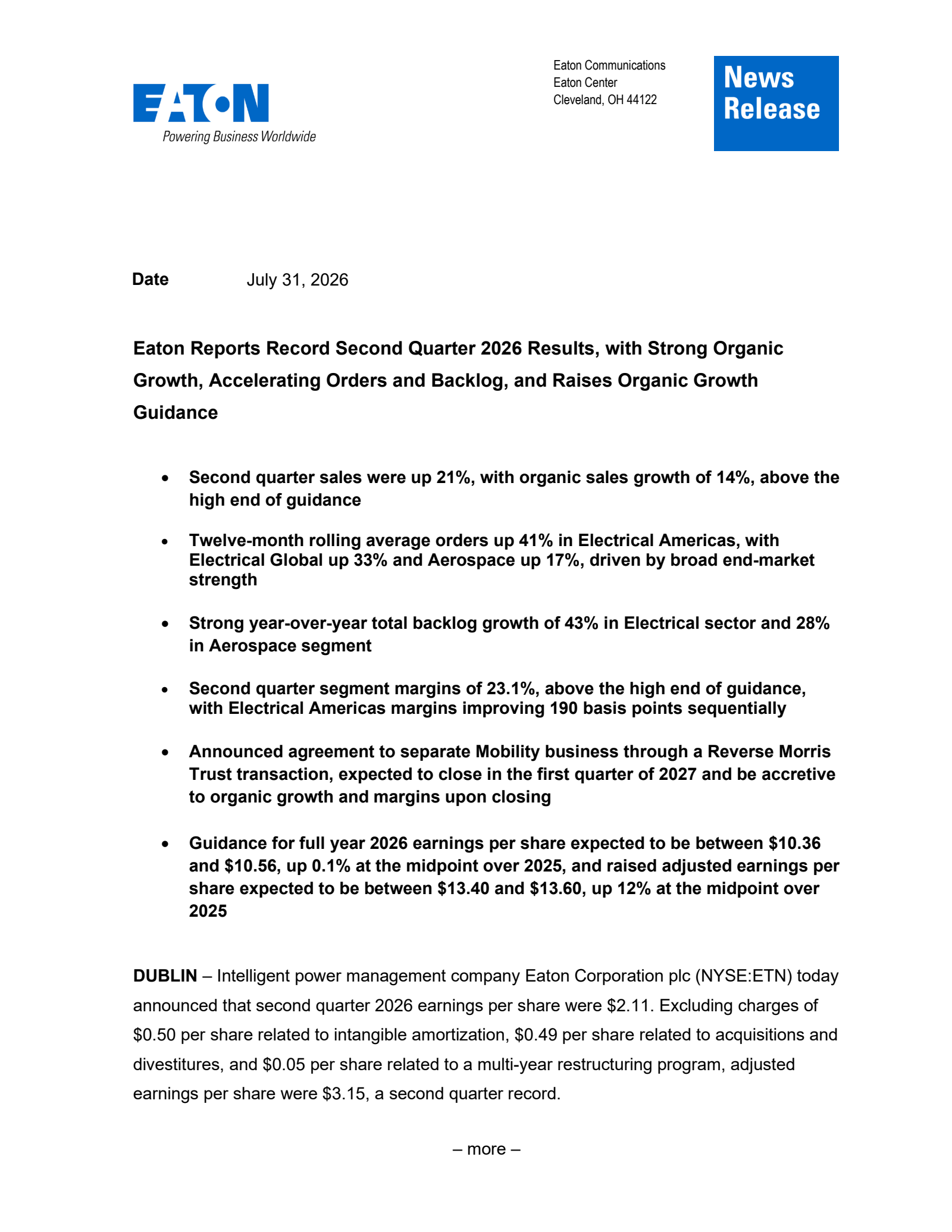 Eaton's Q2 2026 Interim report