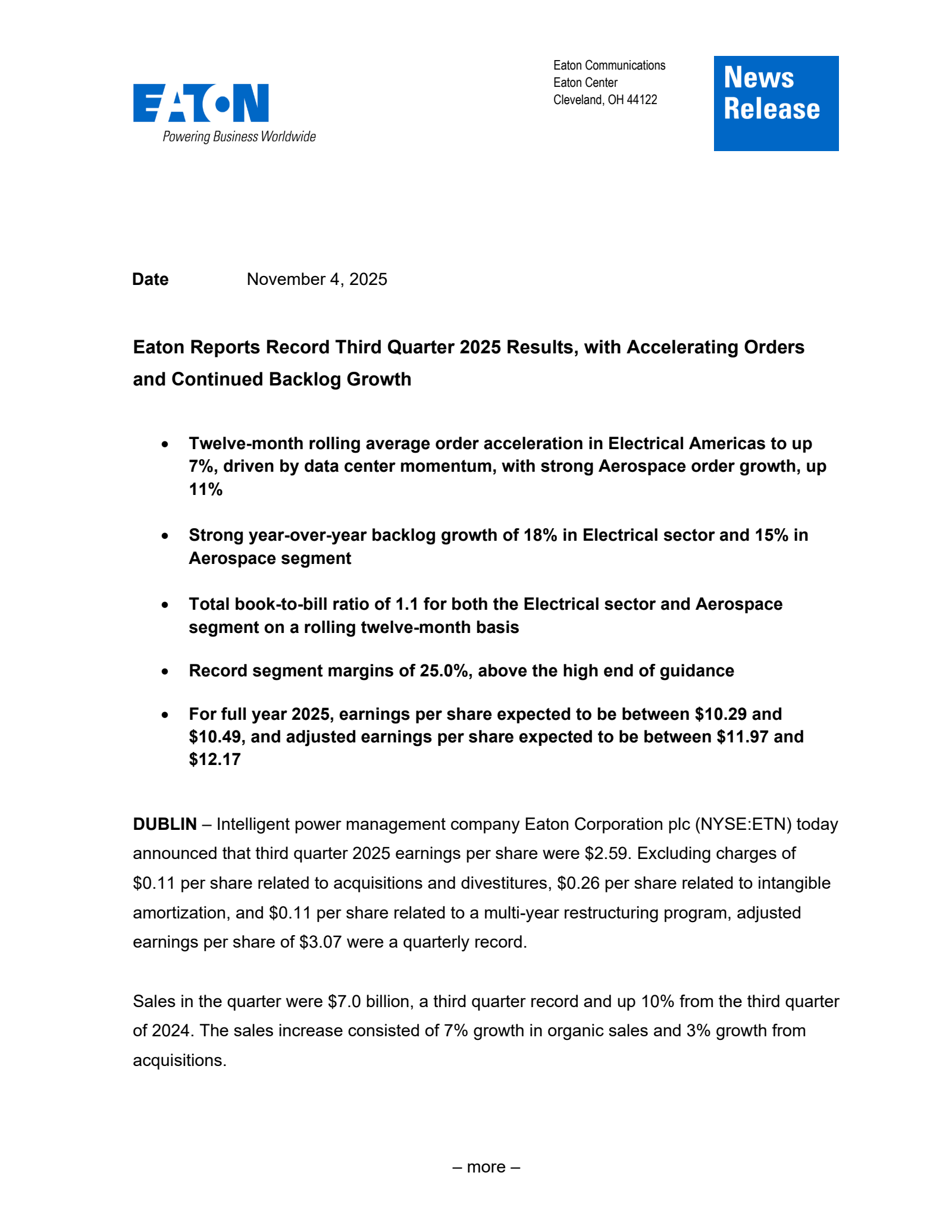 Eaton's Q3 2025 Earnings Release