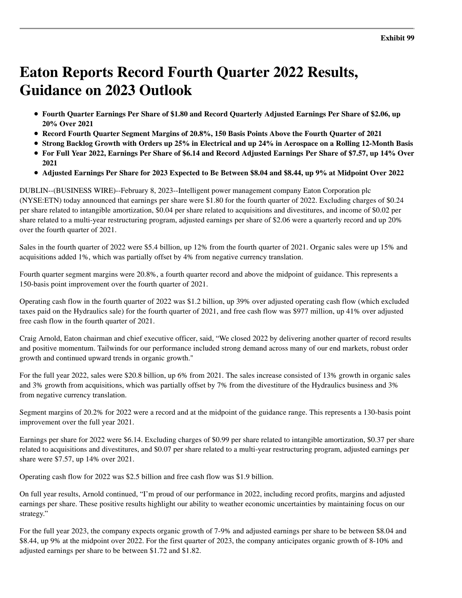 Eaton's Q4 2022 Earnings Release