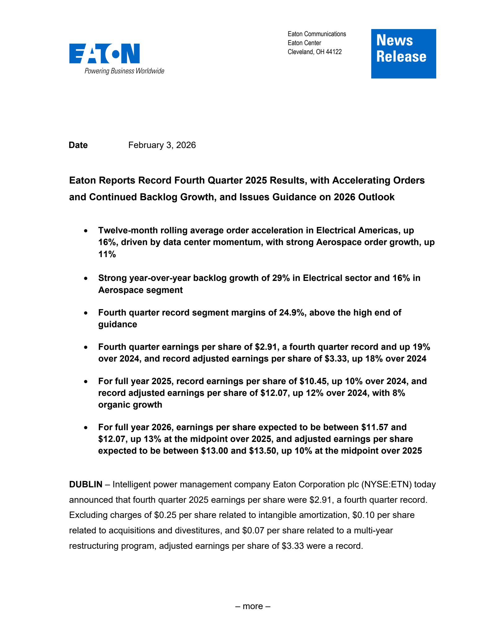 Eaton's Q4 2025 Press Release