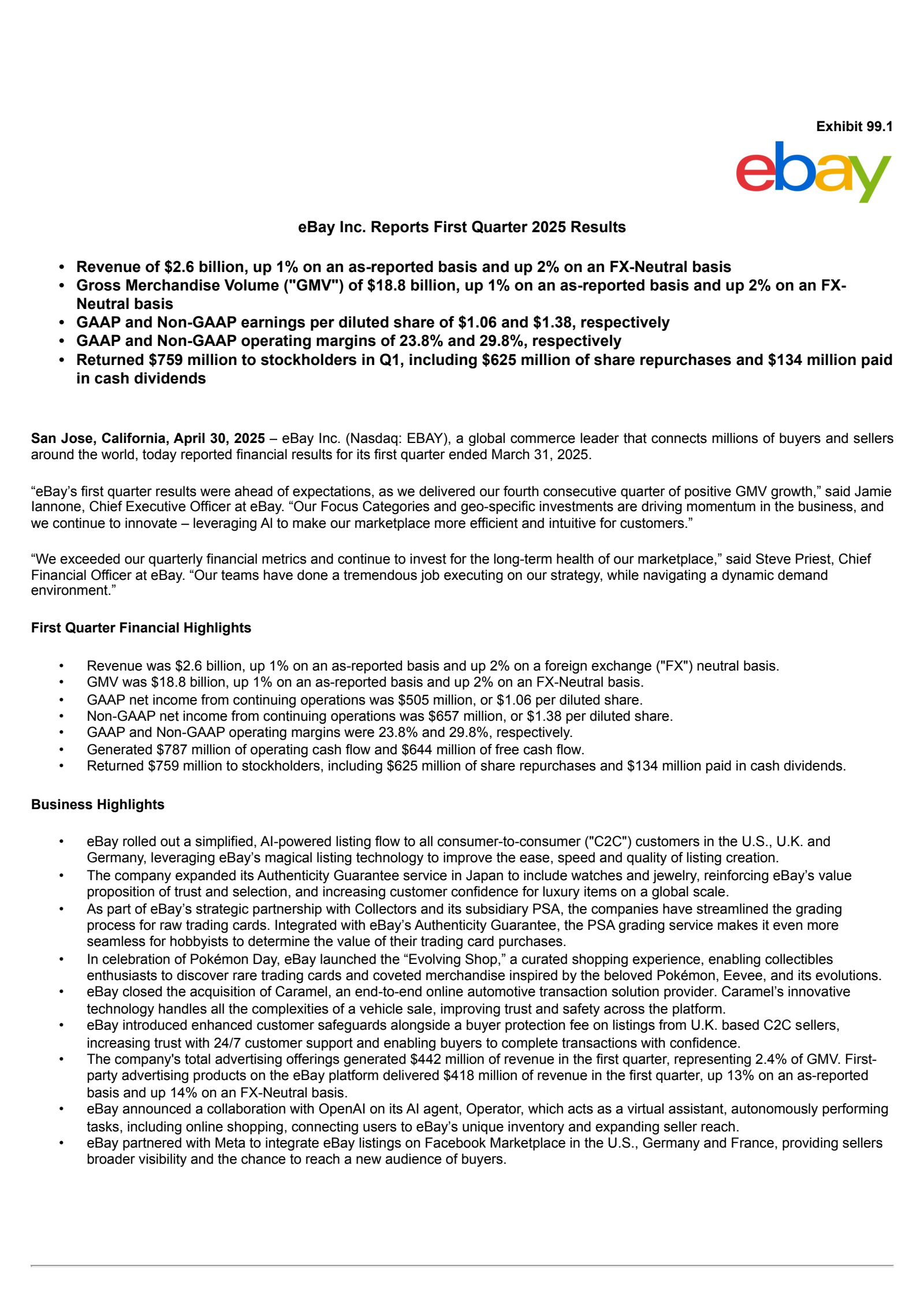 eBay's Q1 2025 Press Release