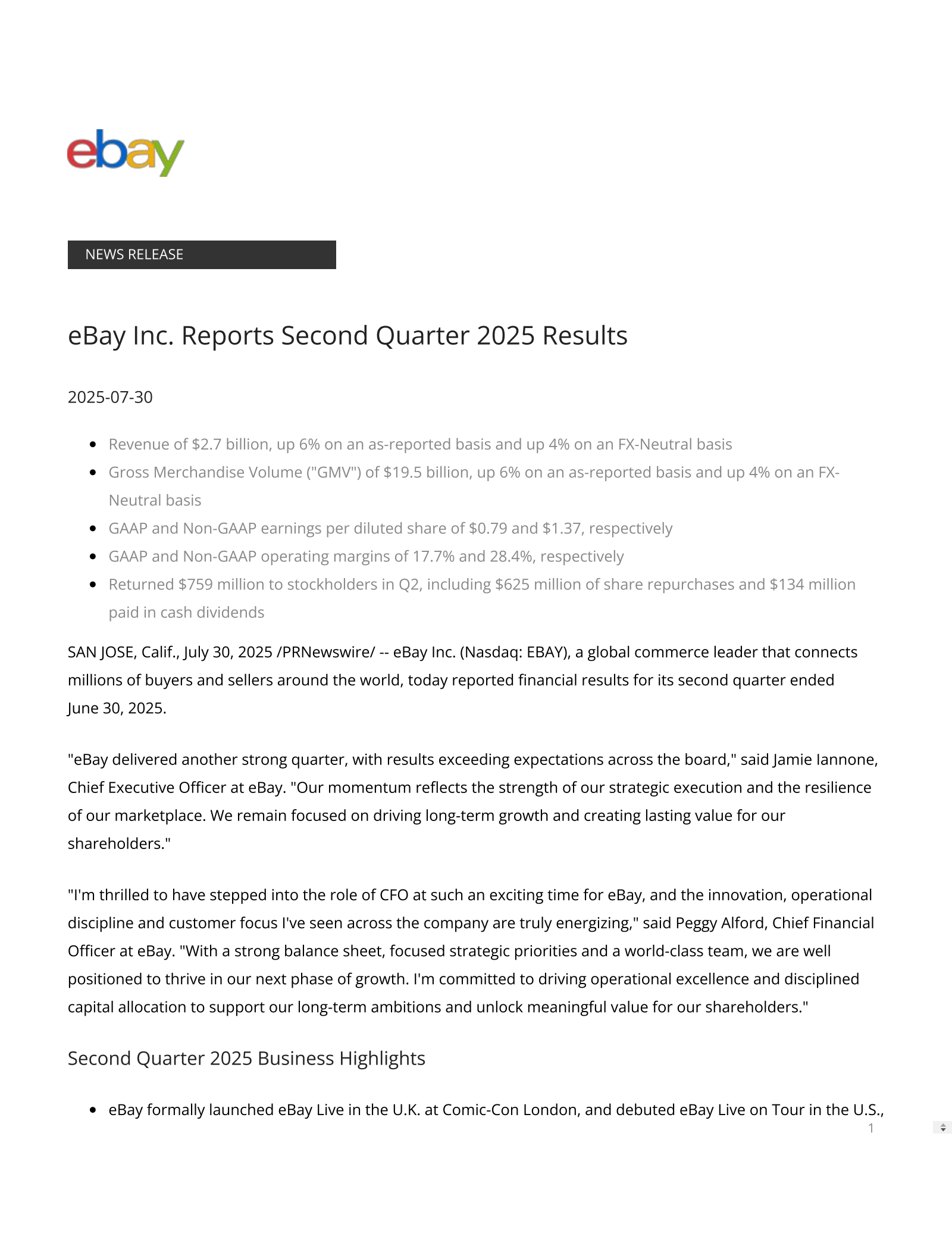 eBay's Q2 2025 Press Release