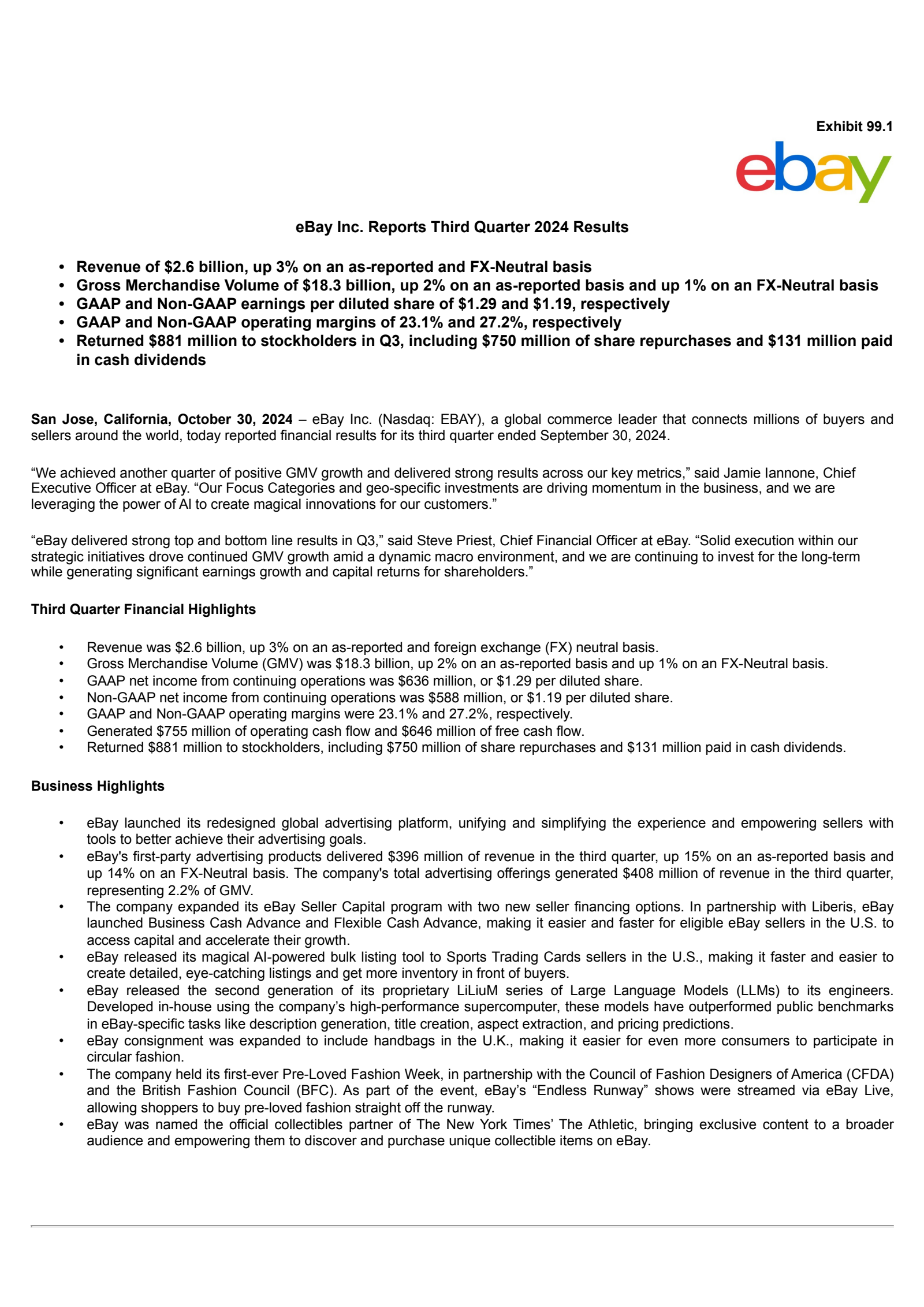 eBay's Q3 2024 Press Release