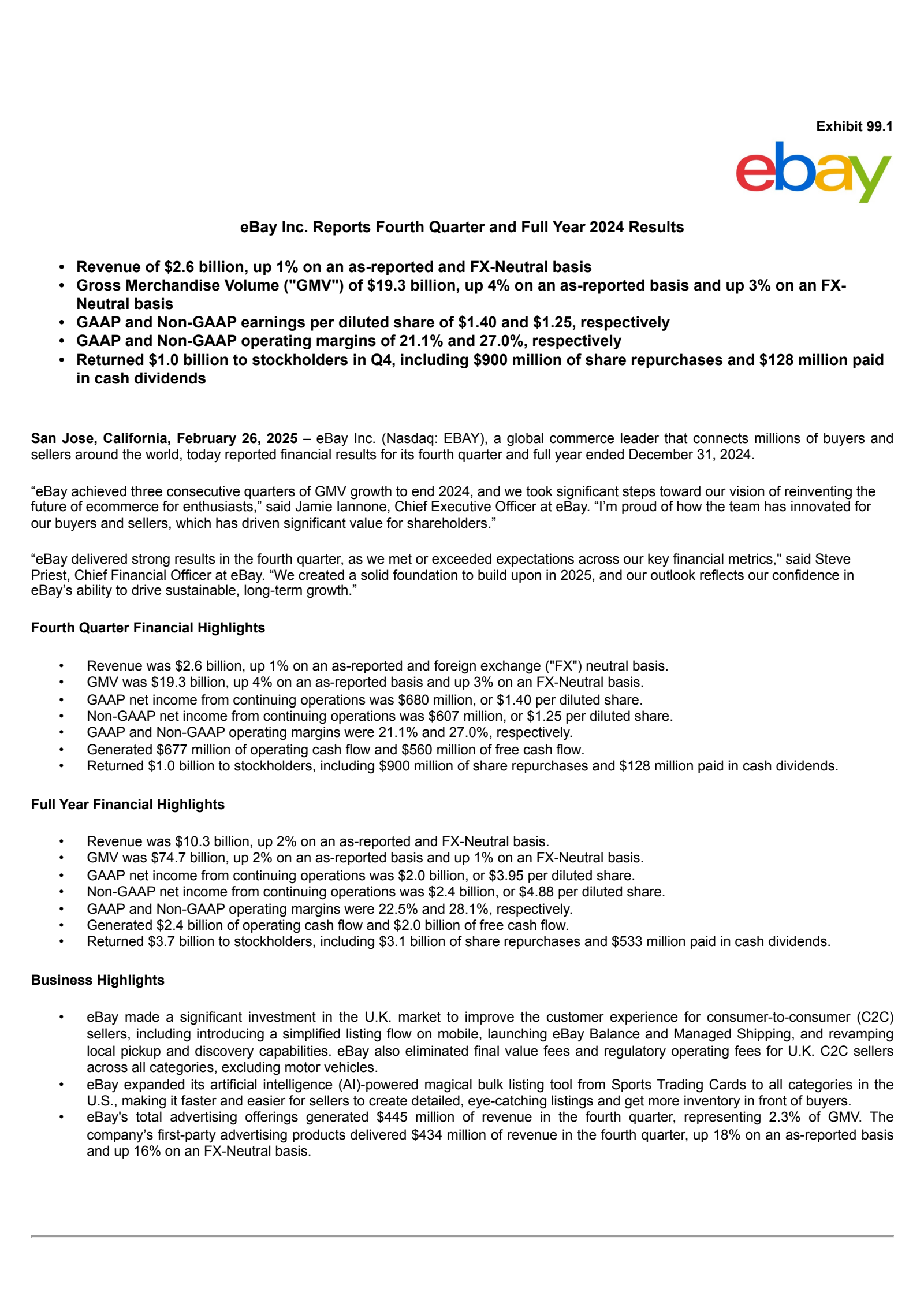 eBay's Q4 2024 Press Release