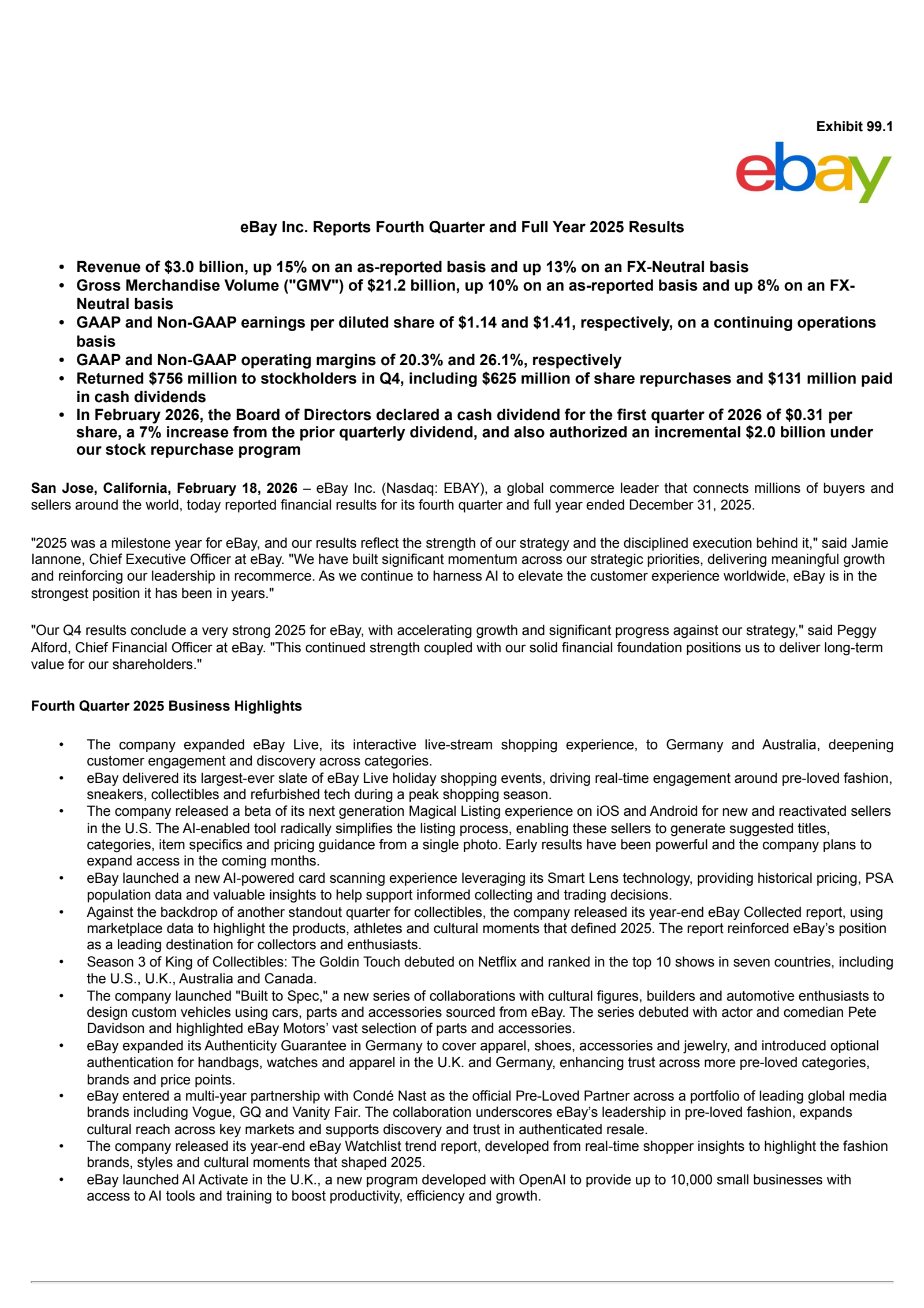 eBay's Q4 2025 Press Release