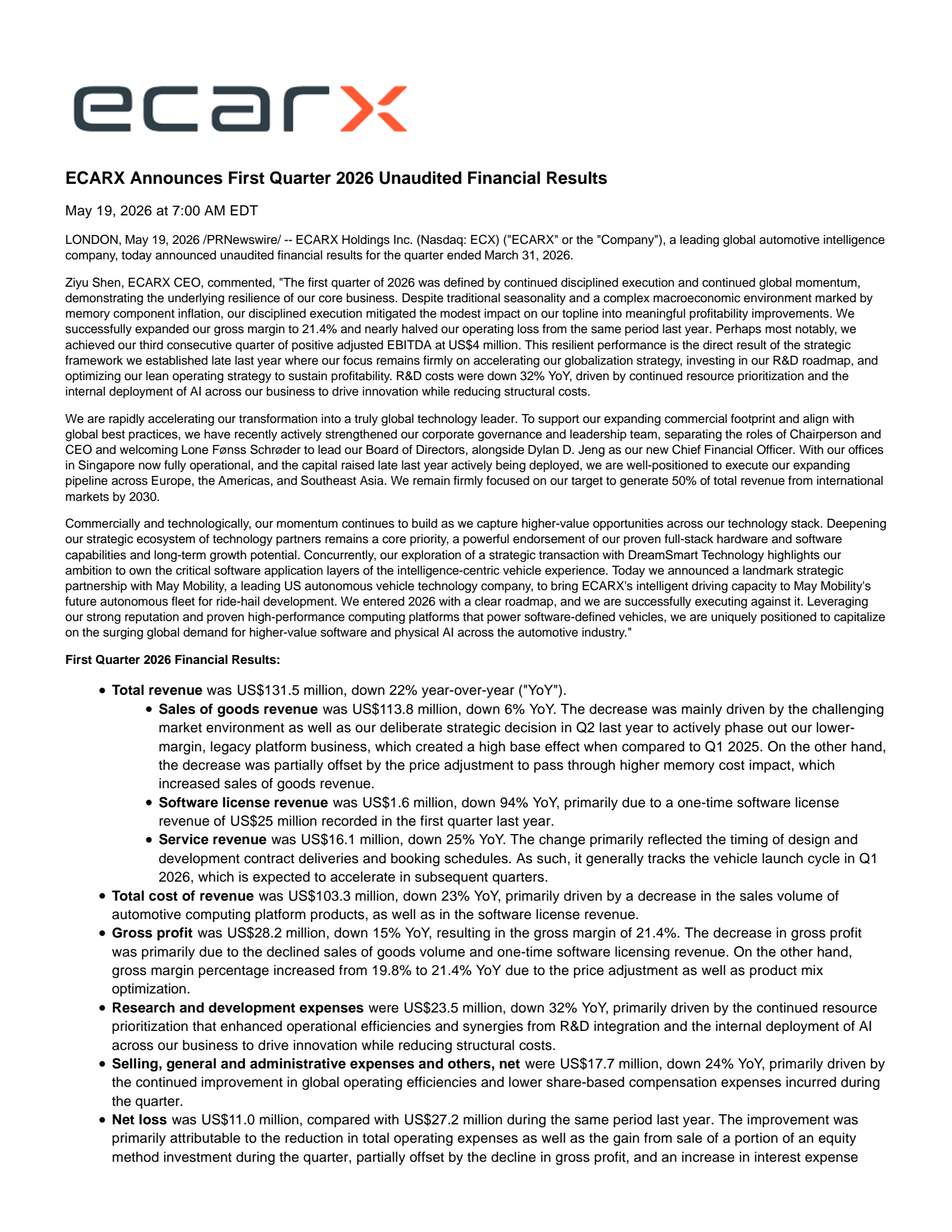 ECARX's Q1 2026 Press Release