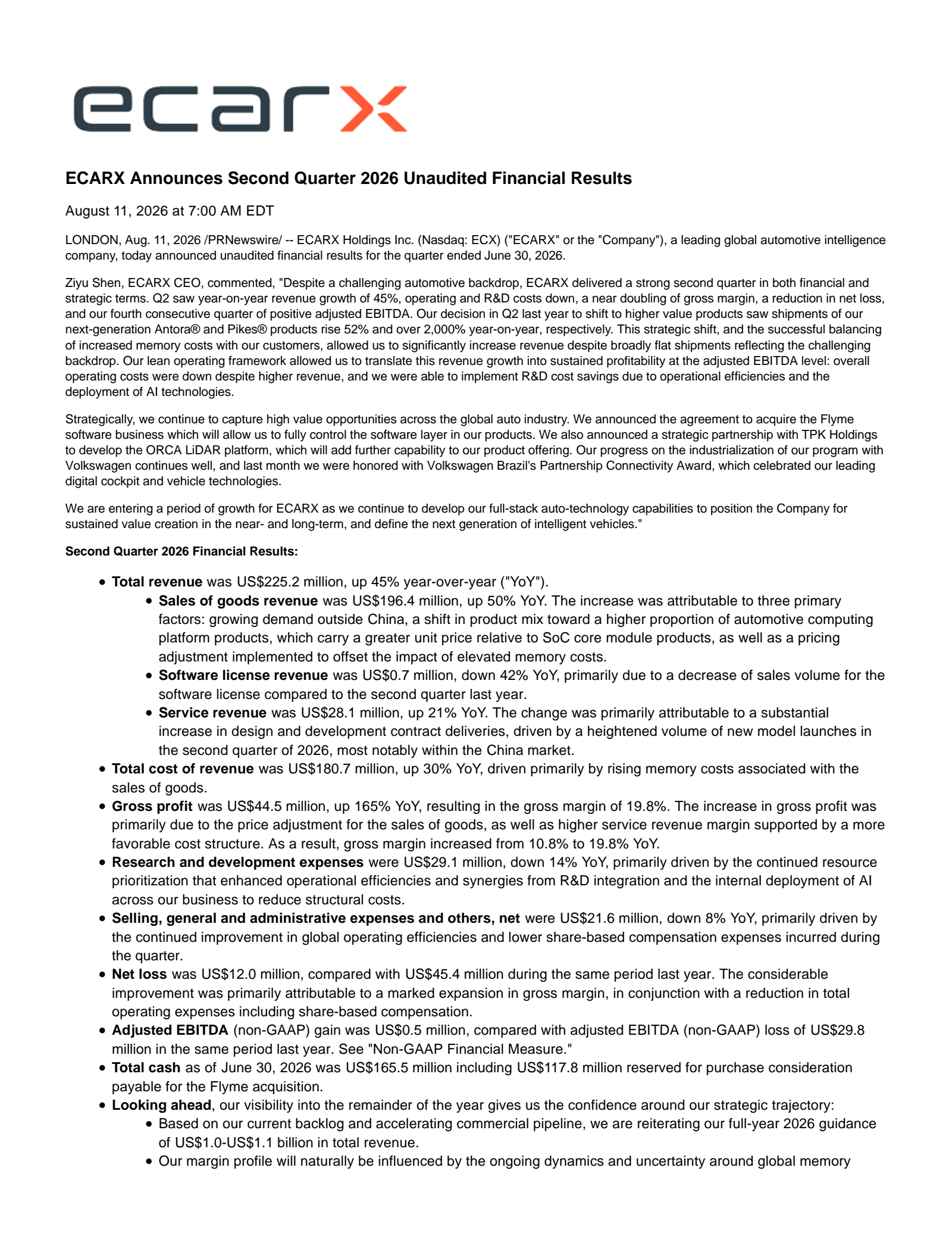 ECARX's Q2 2026 Press Release