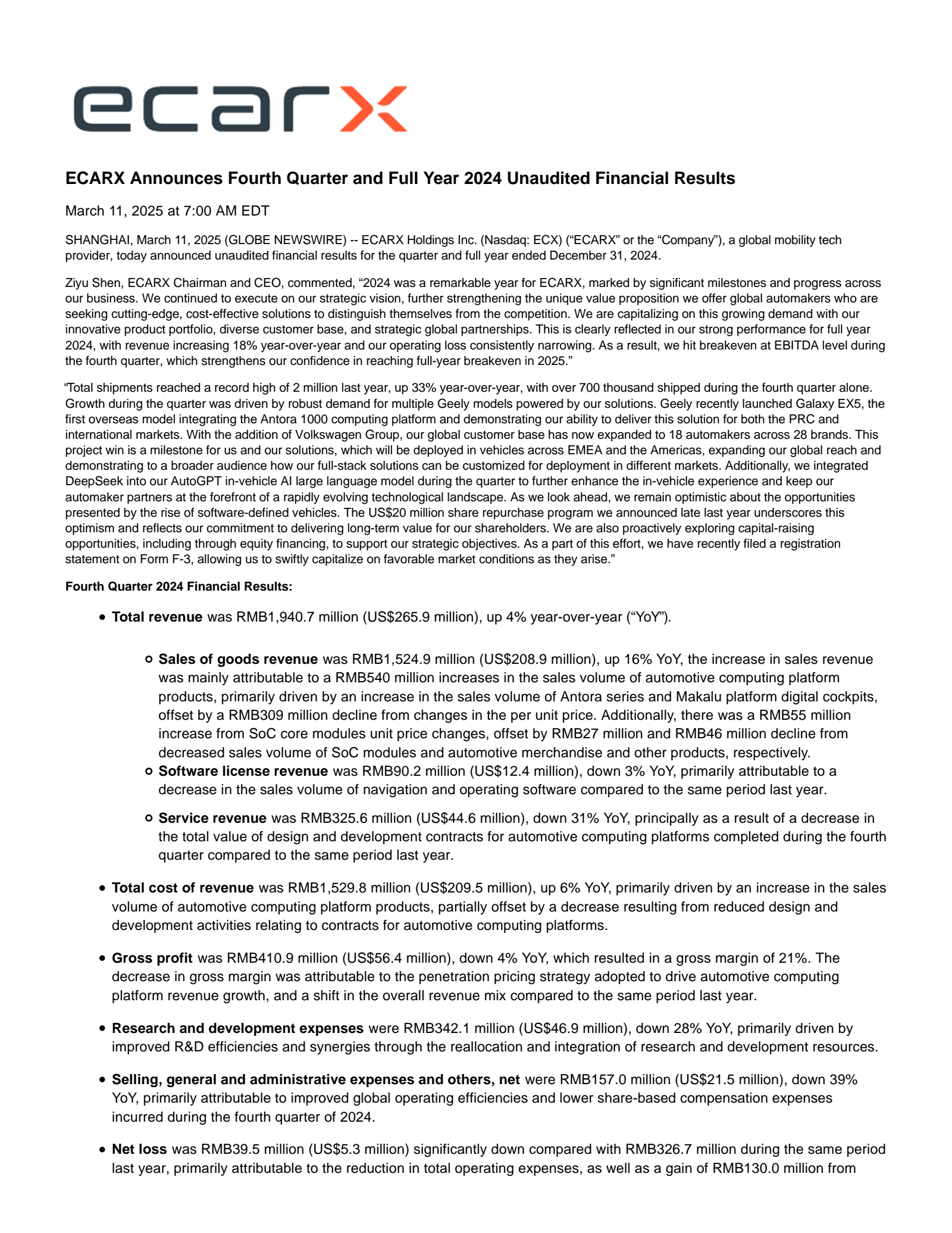 ECARX's Q4 2024 Press Release
