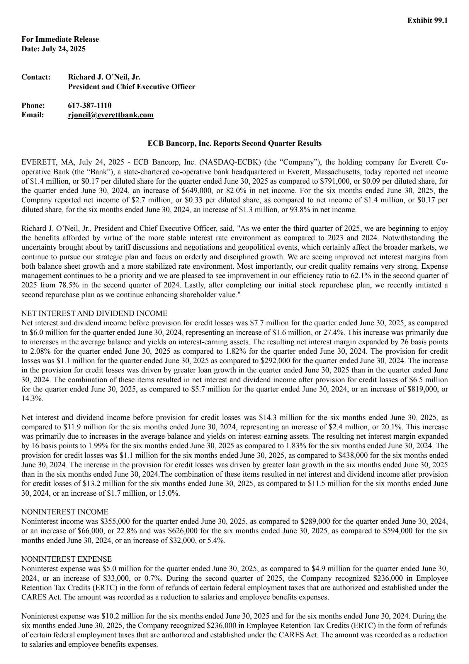 ECB Bancorp's Q2 2025 Press Release