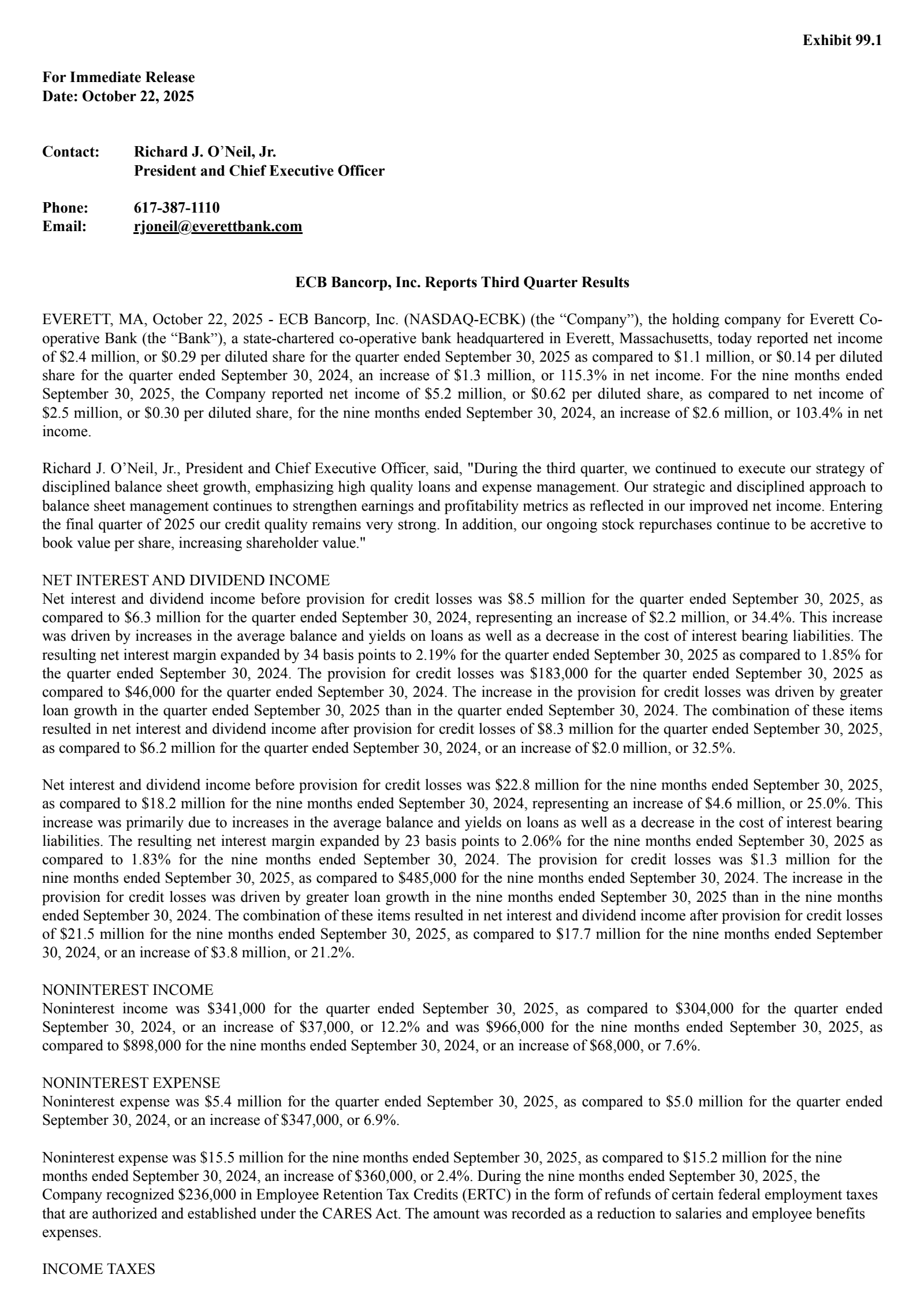 ECB Bancorp's Q3 2025 Earnings Release