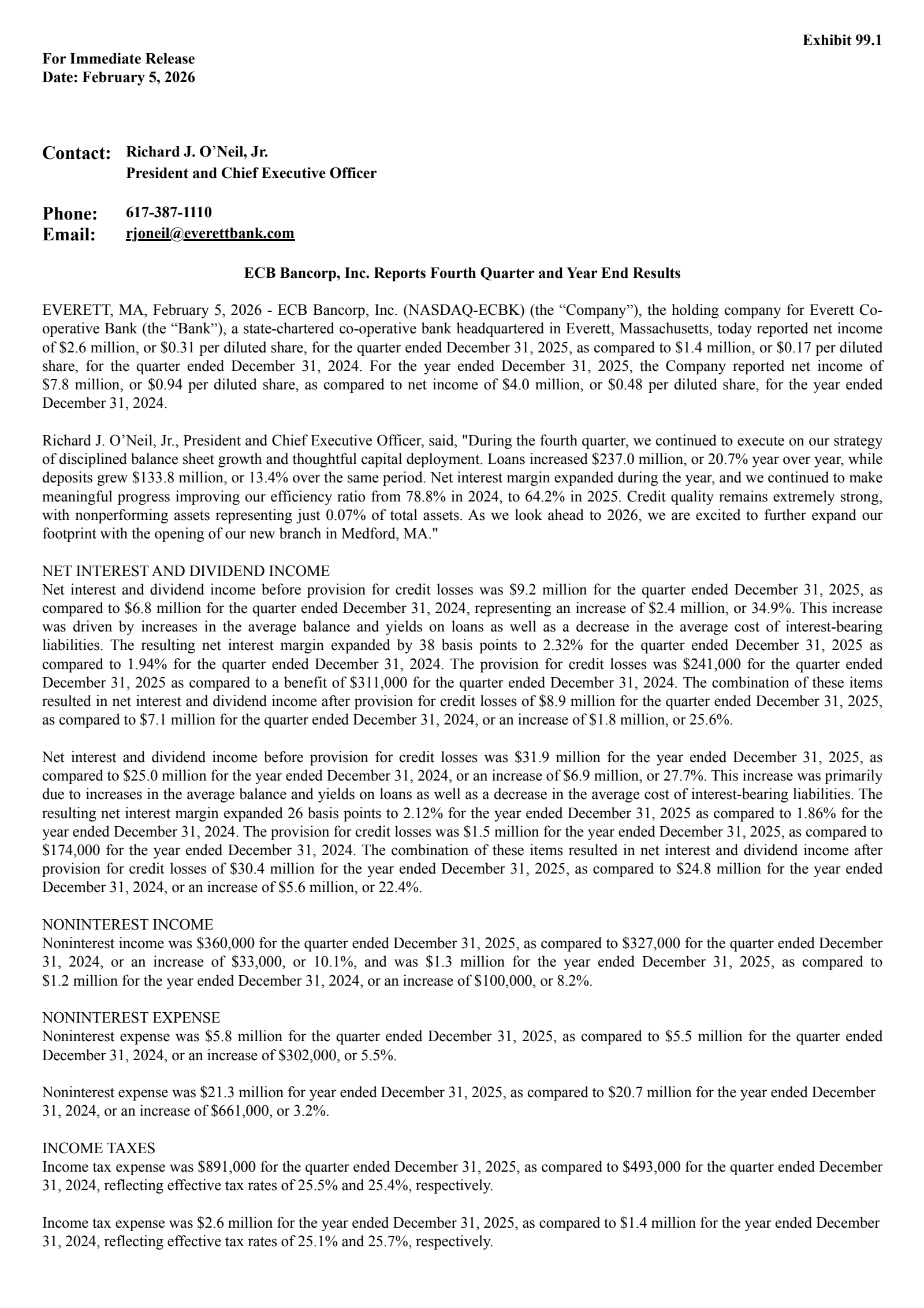 ECB Bancorp's Q4 2025 Press Release