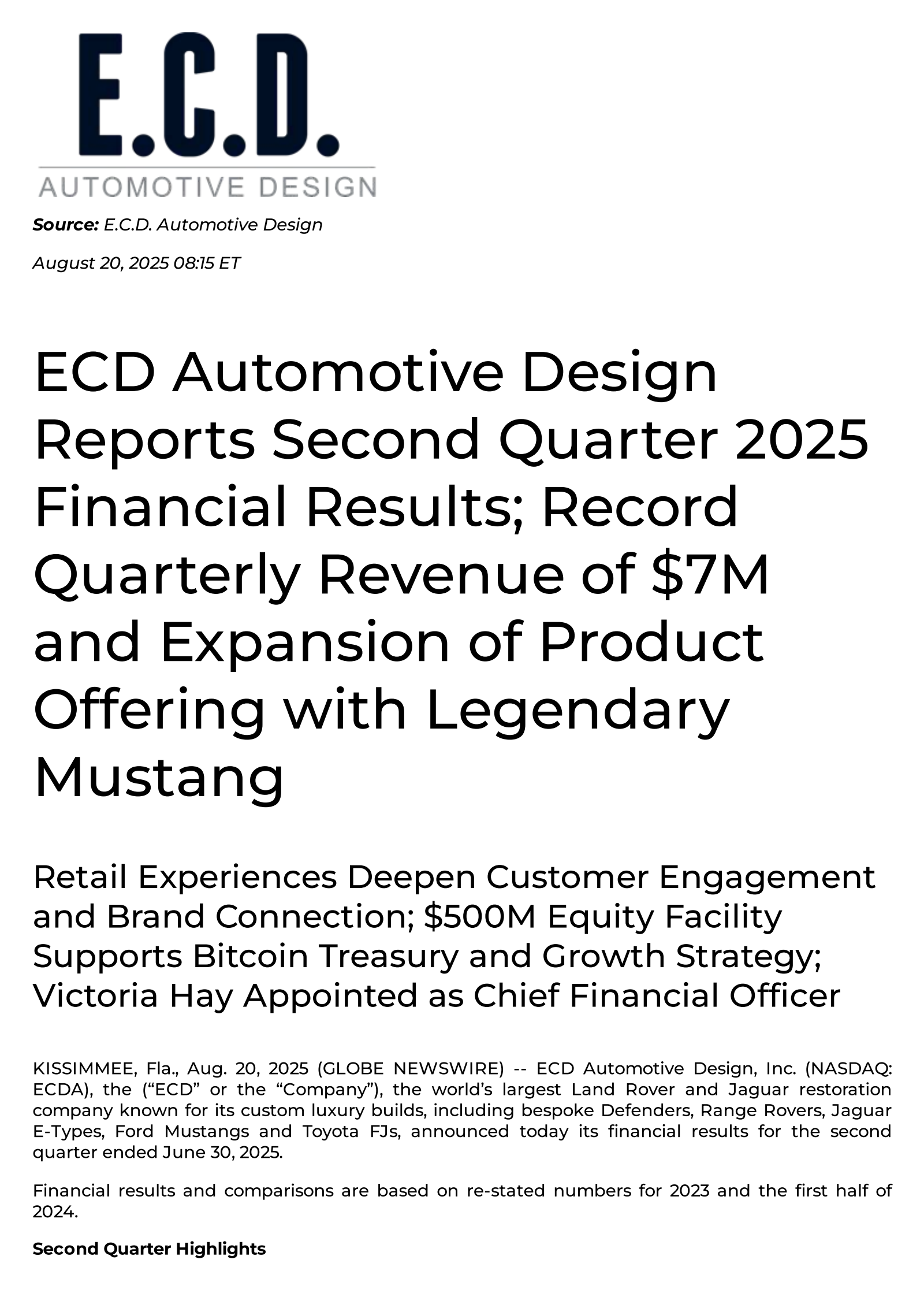 ECD Automotive Design's Q2 2025 Press Release