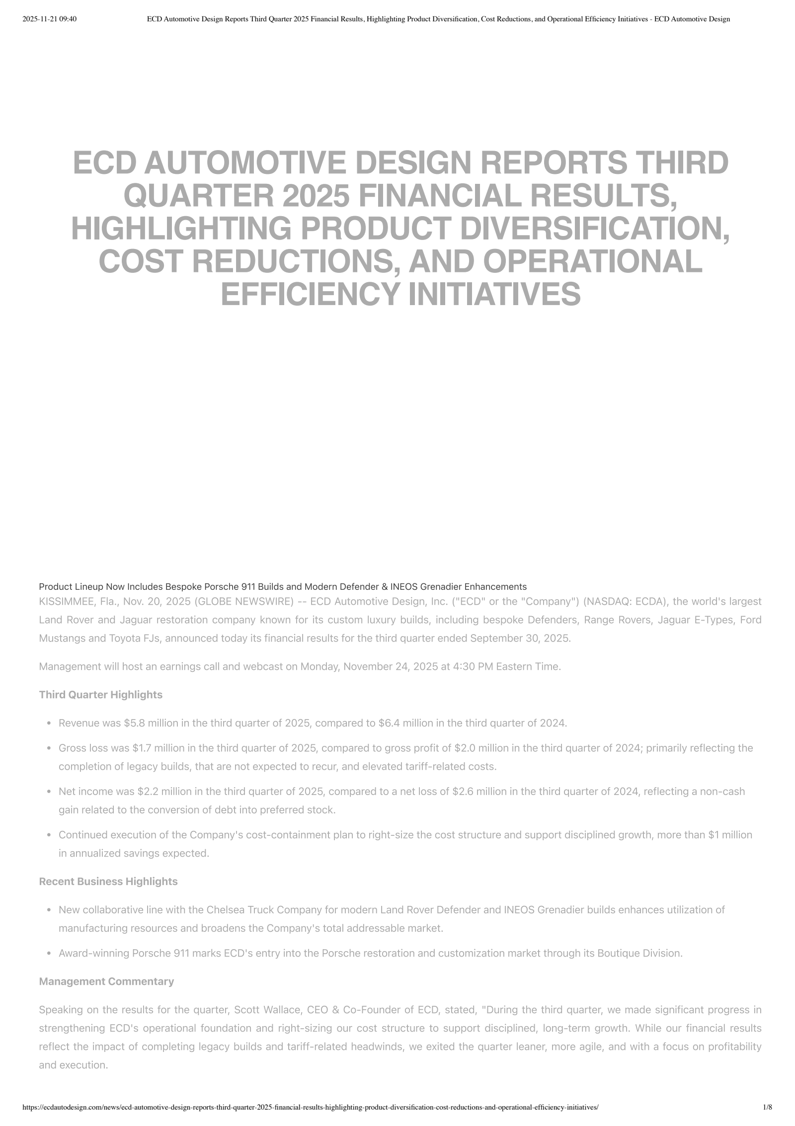 ECD Automotive Design's Q3 2025 Earnings Release
