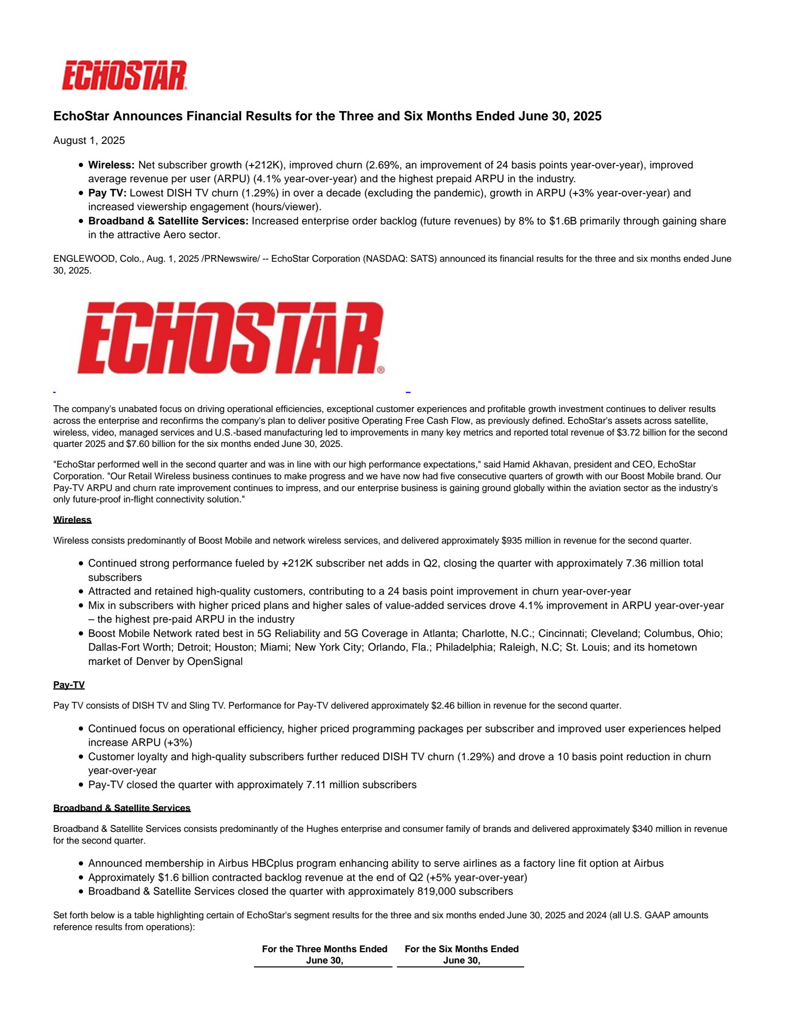 EchoStar's Q2 2025 Press Release