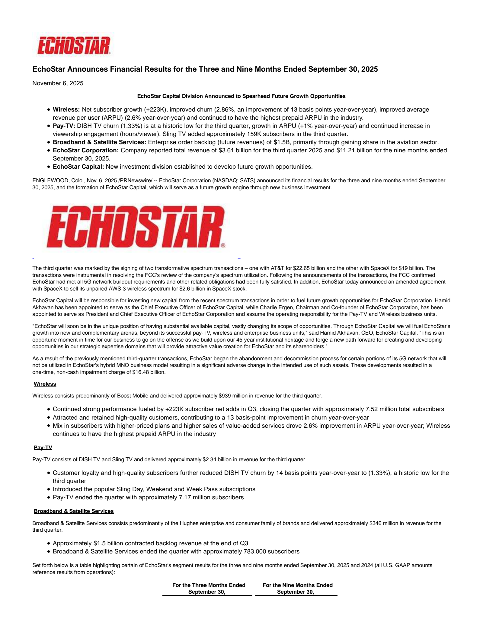 EchoStar's Q3 2025 Earnings Release