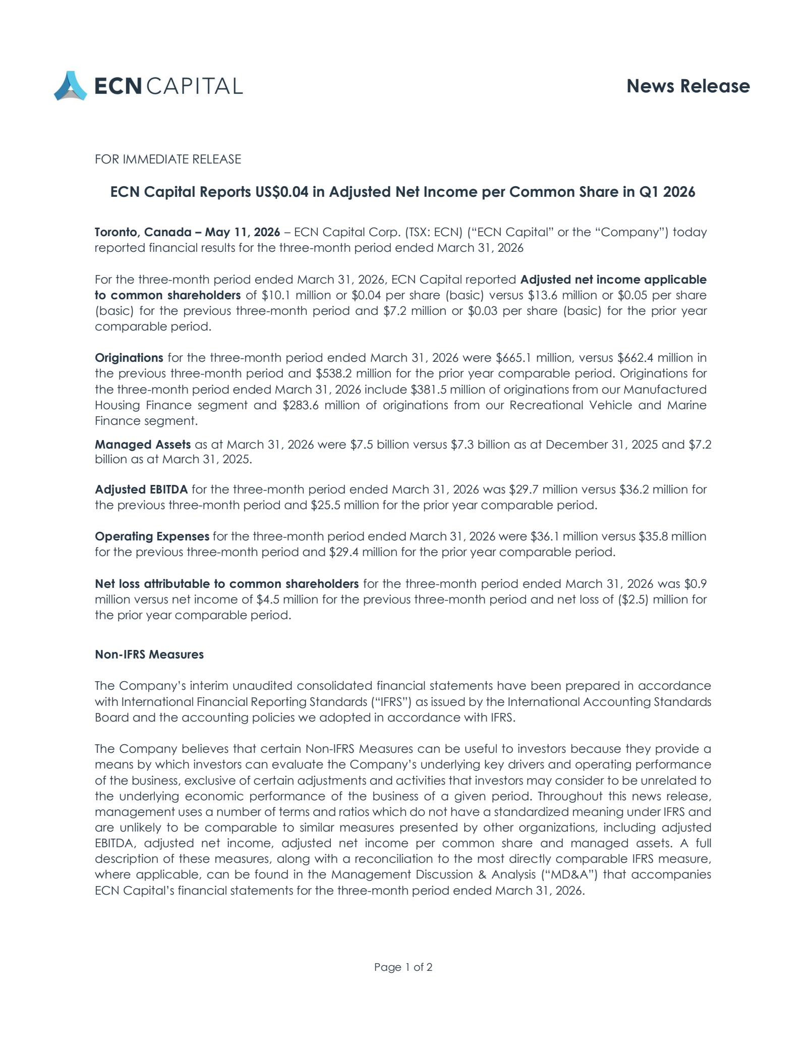 ECN Capital's Q1 2026 Press Release