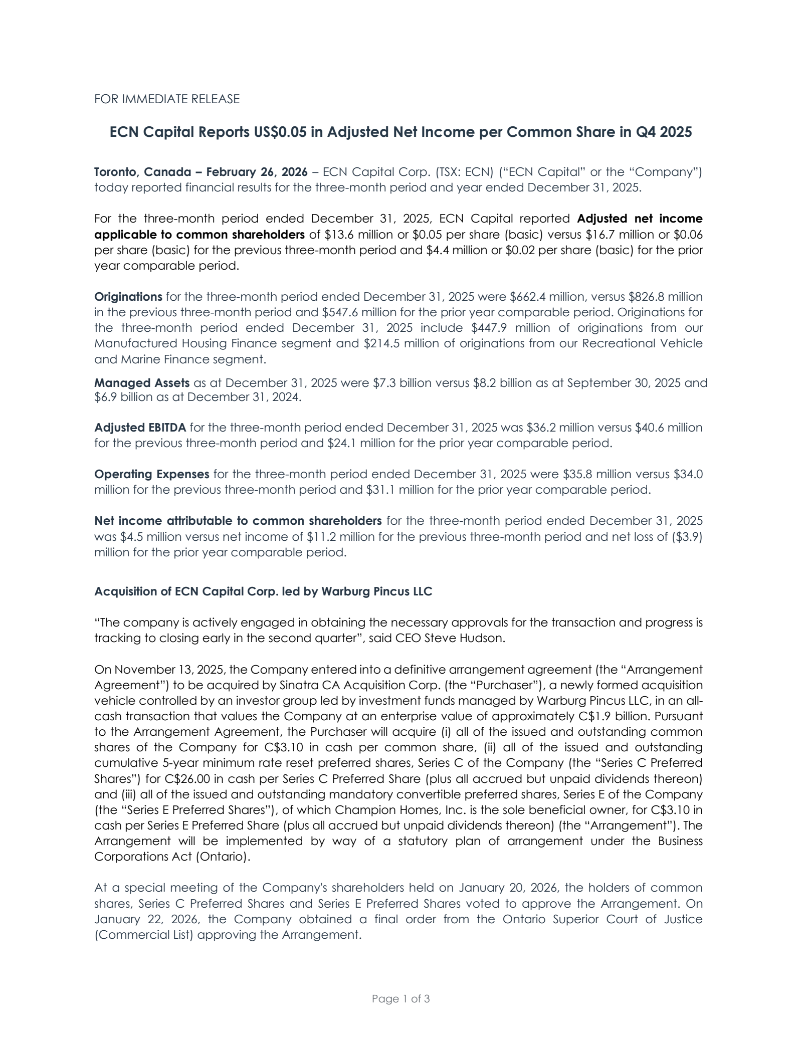 ECN Capital's Q4 2025 Press Release