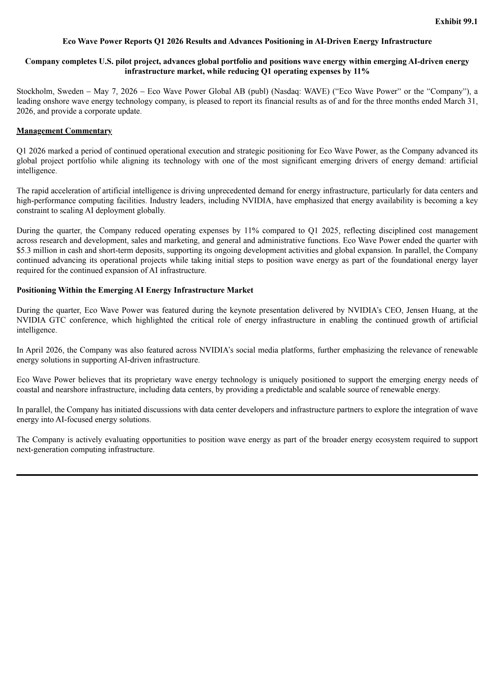 Eco Wave Power Global AB (publ)'s Q1 2026 Press Release