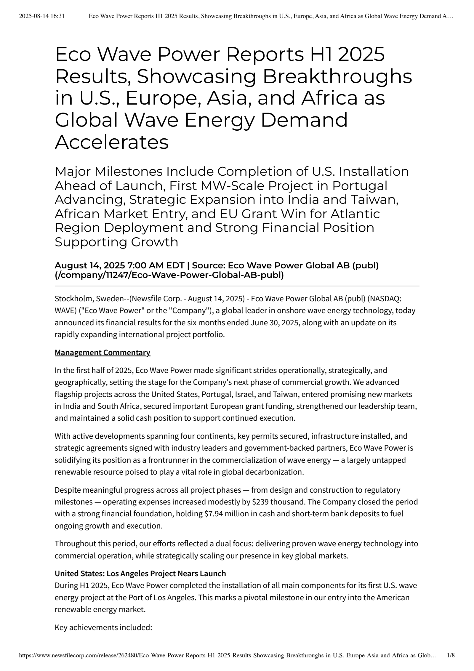 Eco Wave Power Global AB (publ)'s Q2 2025 Press Release