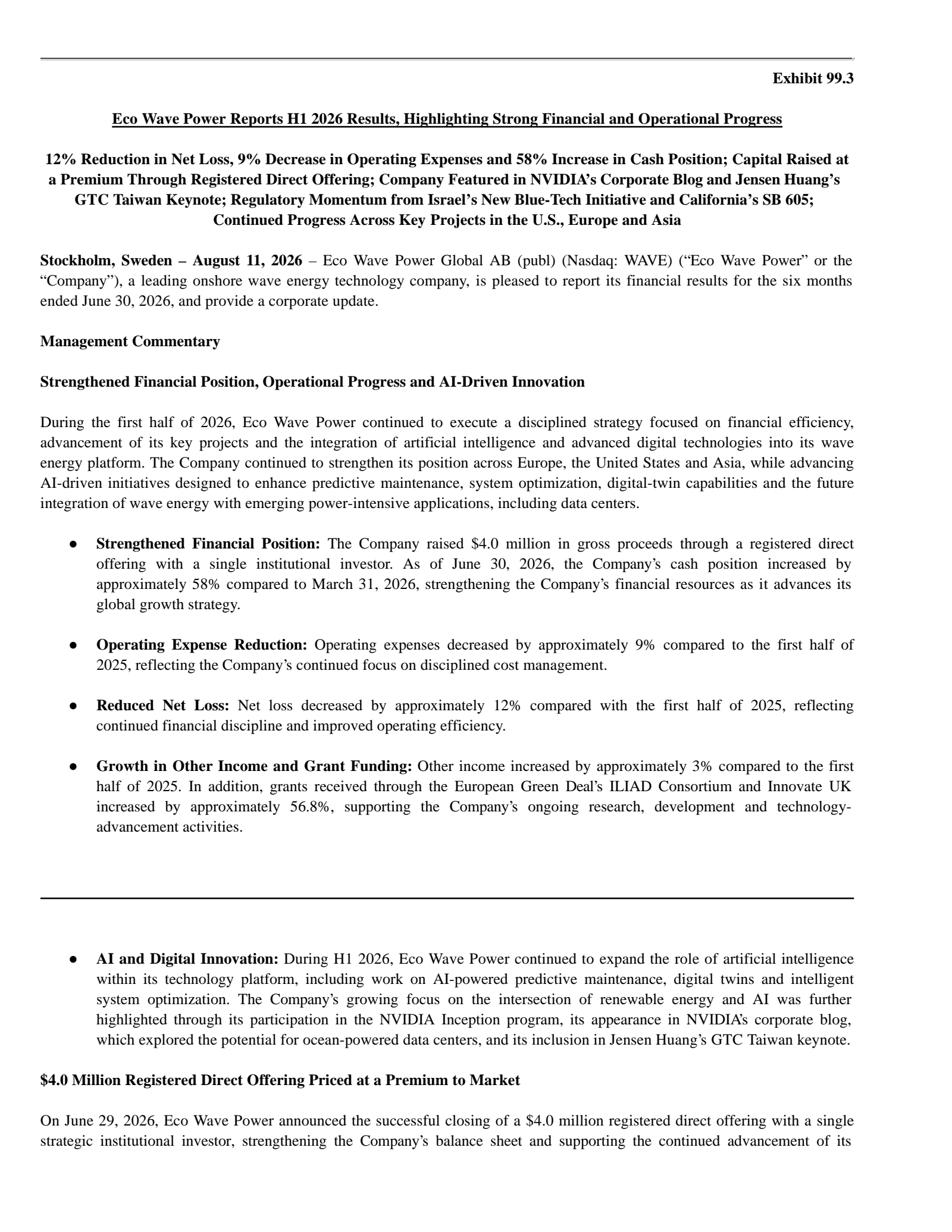 Eco Wave Power Global AB (publ)'s Q2 2026 Press Release