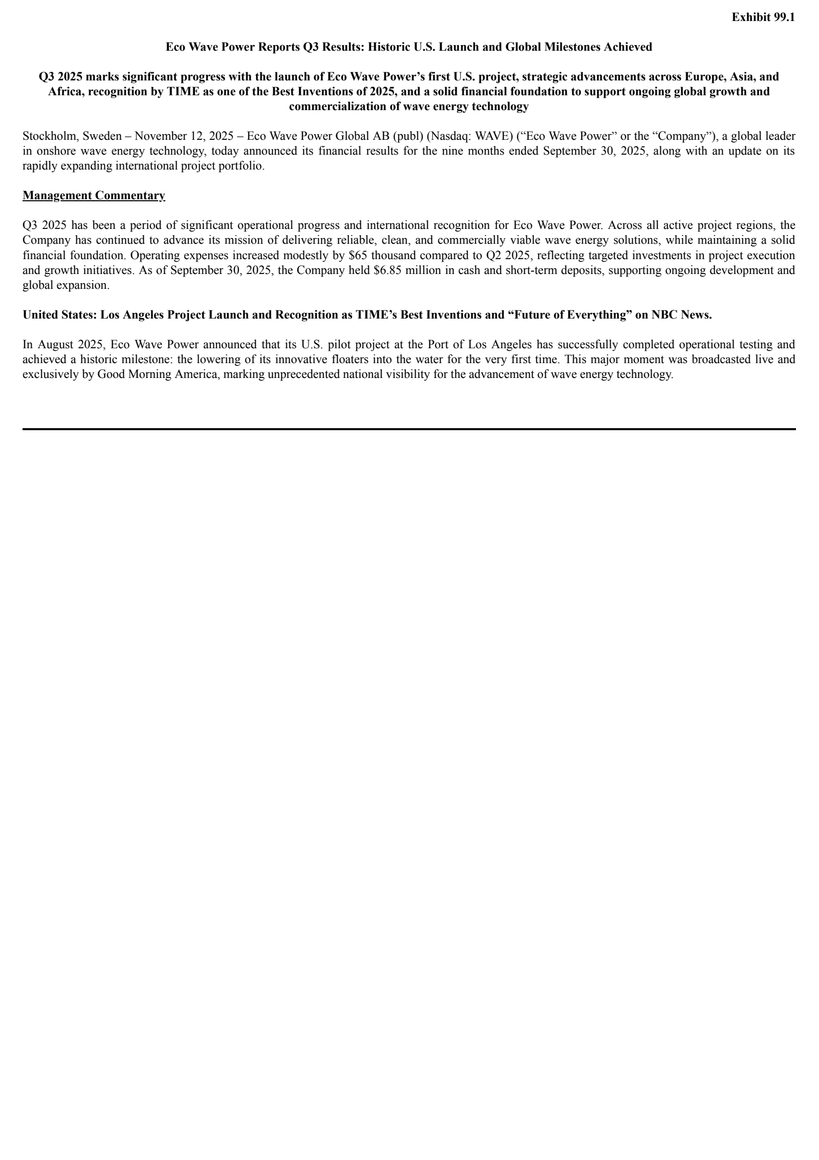 Eco Wave Power Global AB (publ)'s Q3 2025 Earnings Release