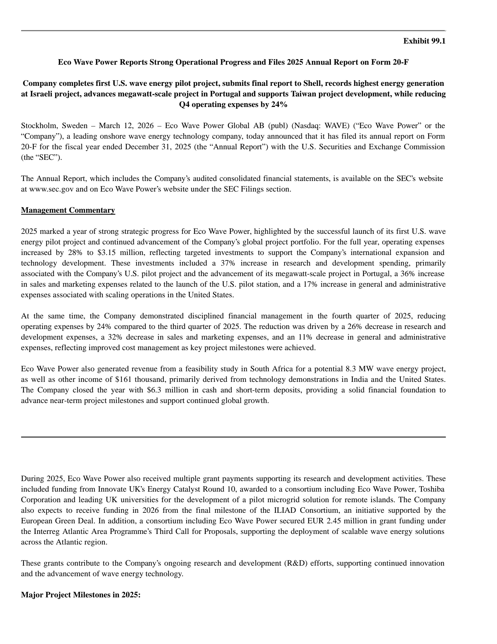 Eco Wave Power Global AB (publ)'s Q4 2025 Press Release