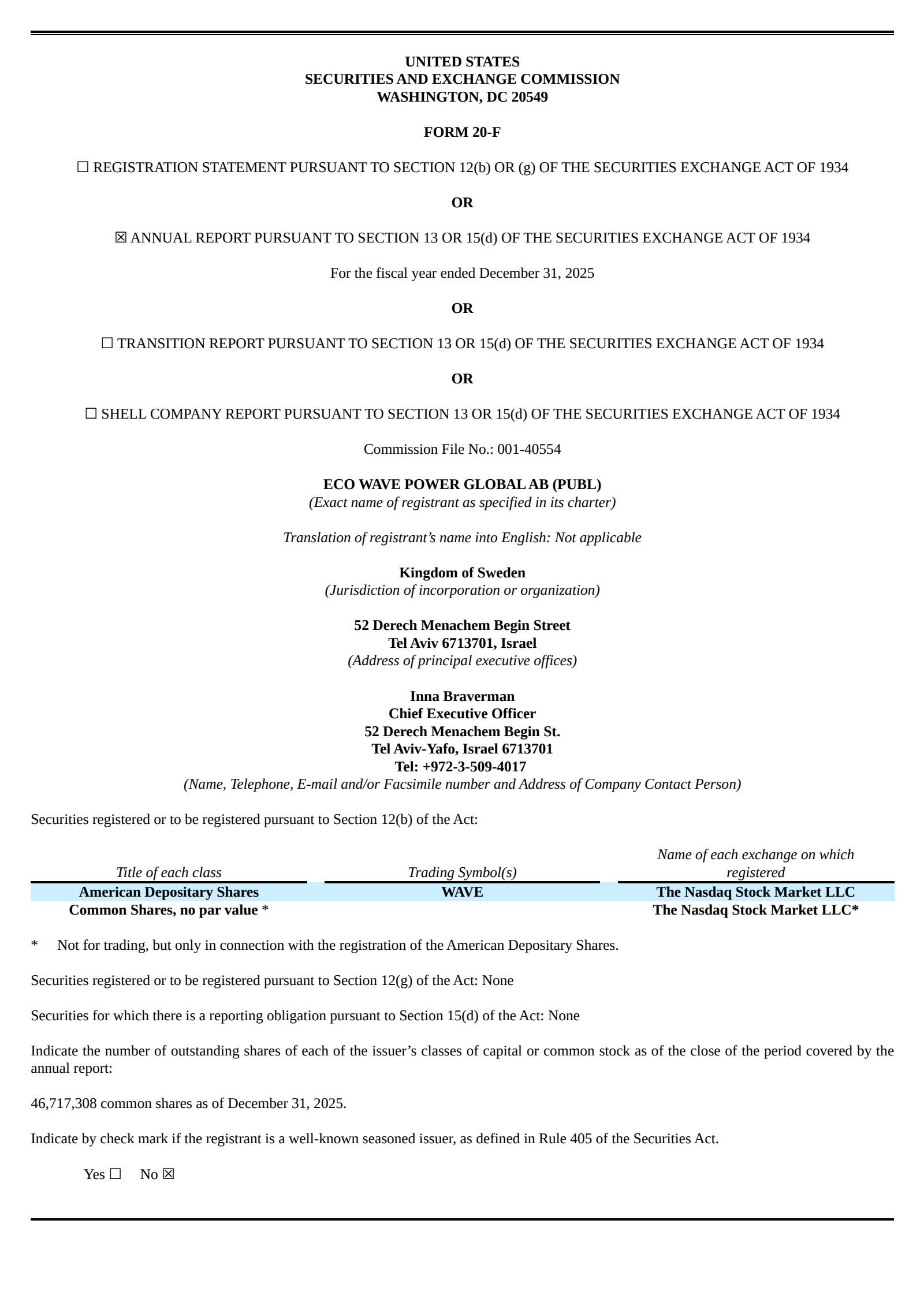 Eco Wave Power Global AB (publ)'s Q4 2025 Annual report