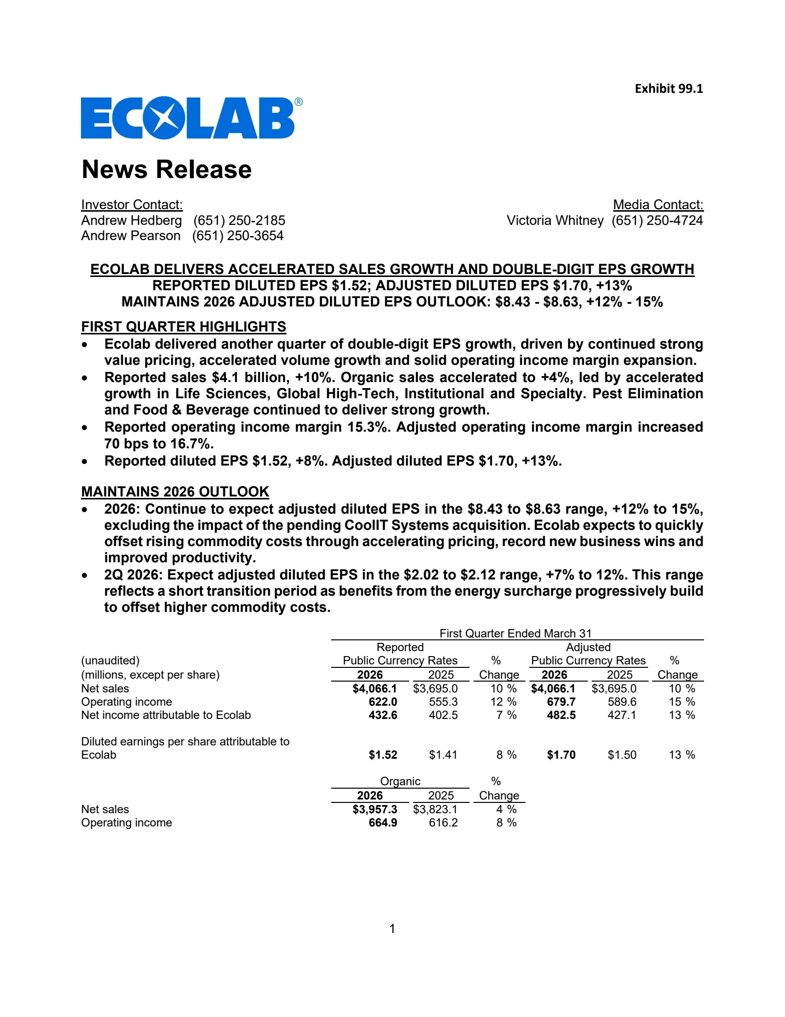 Ecolab's Q1 2026 Press Release