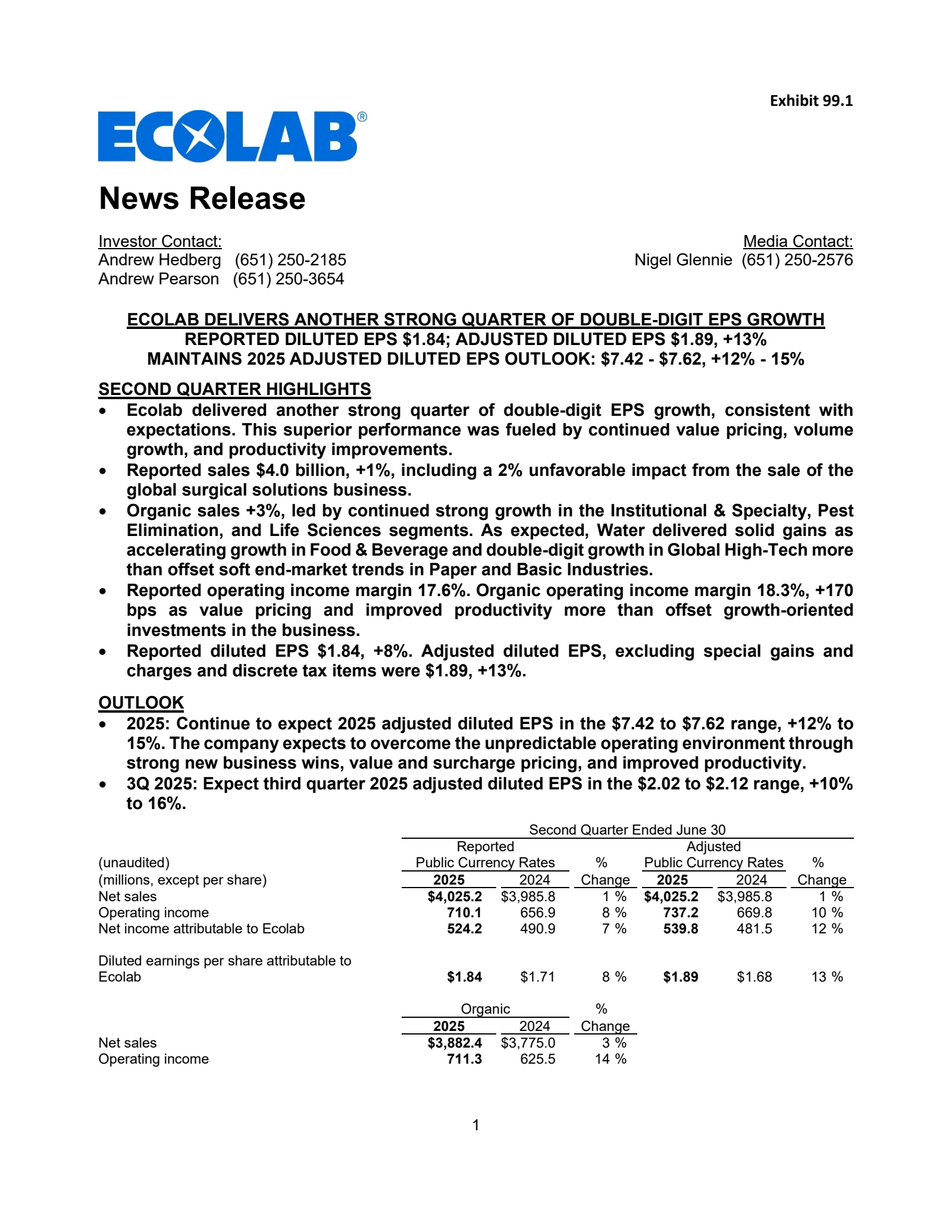 Ecolab's Q2 2025 Press Release