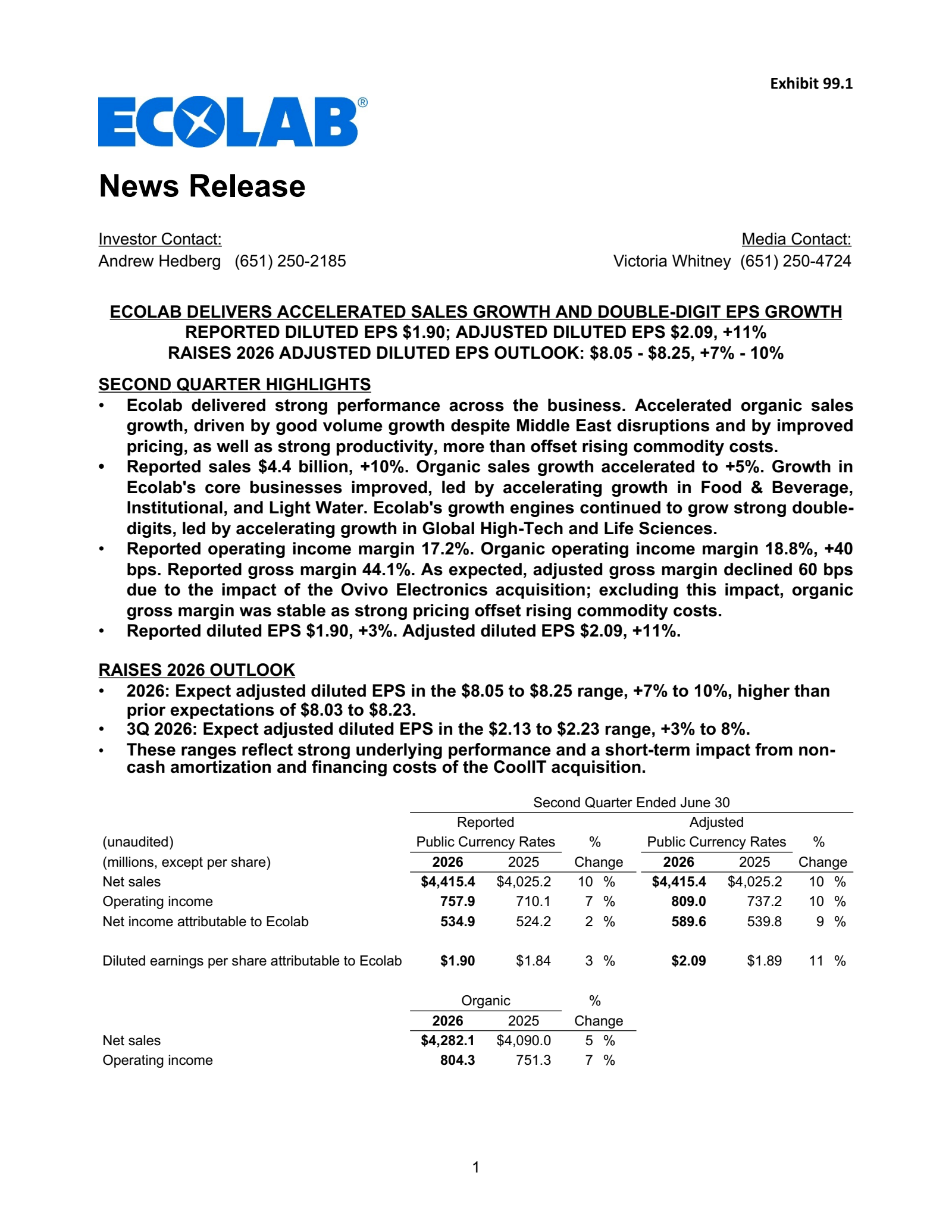 Ecolab's Q2 2026 Press Release