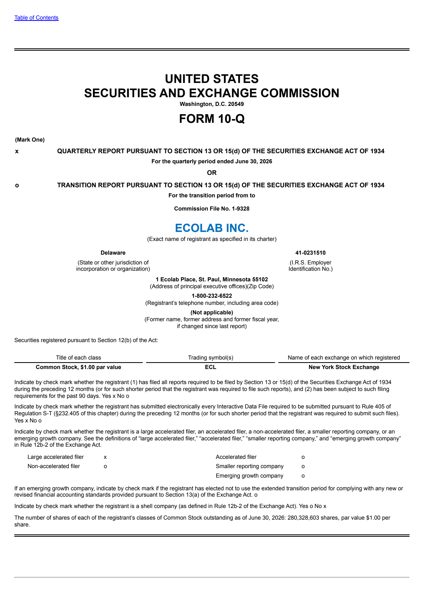 Ecolab's Q2 2026 Quarterly report