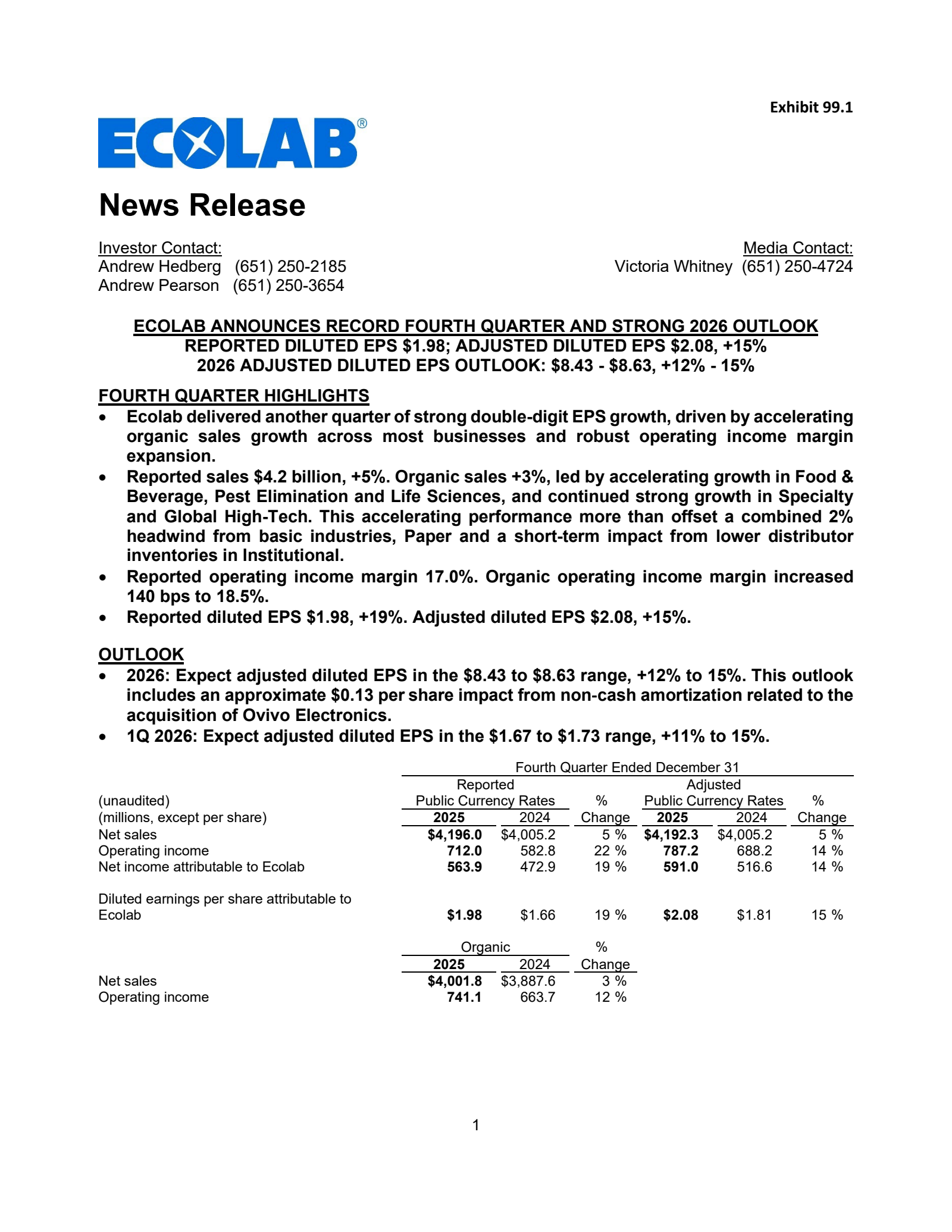 Ecolab's Q4 2025 Press Release