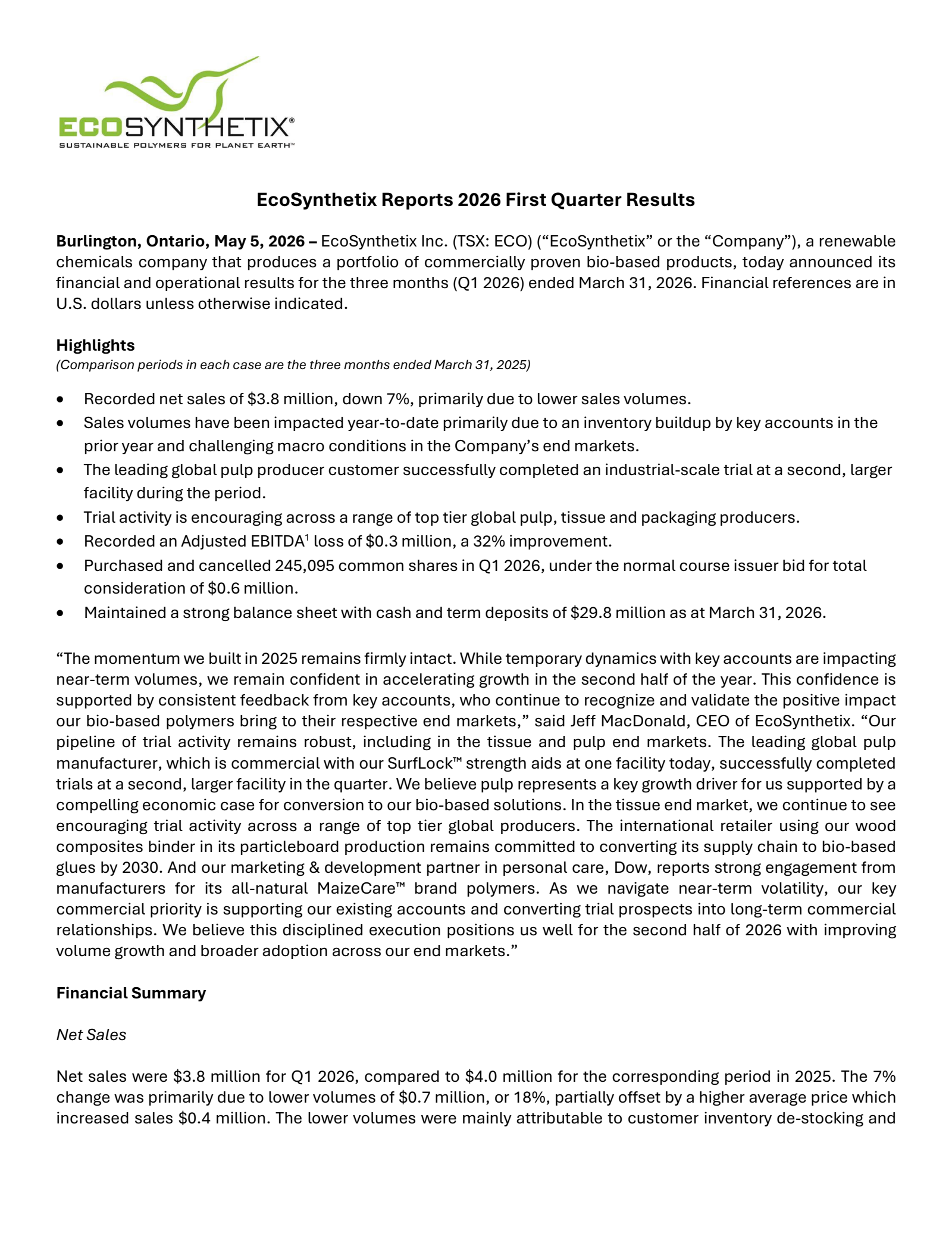 EcoSynthetix's Q1 2026 Press Release