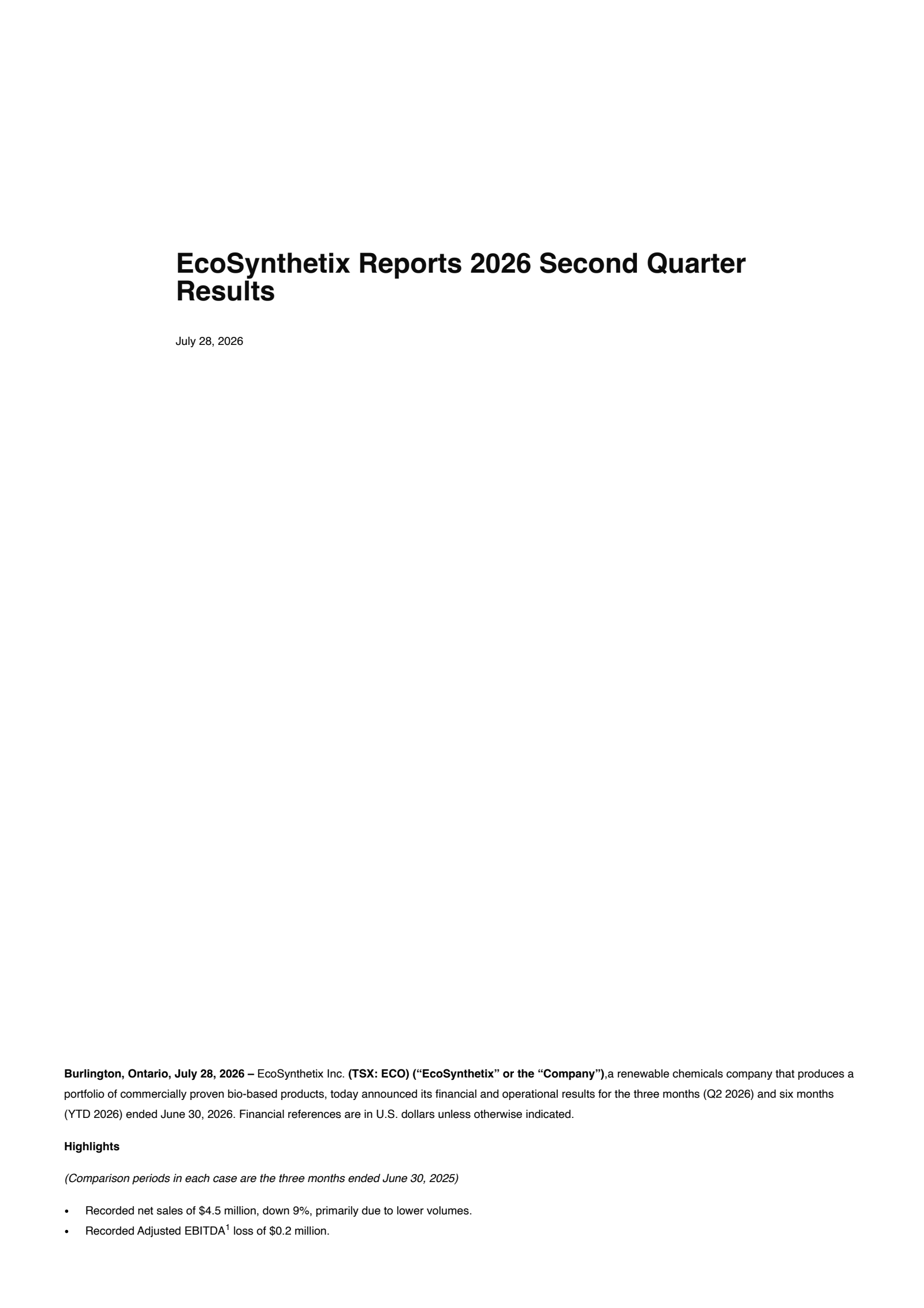 EcoSynthetix's Q2 2026 Press Release