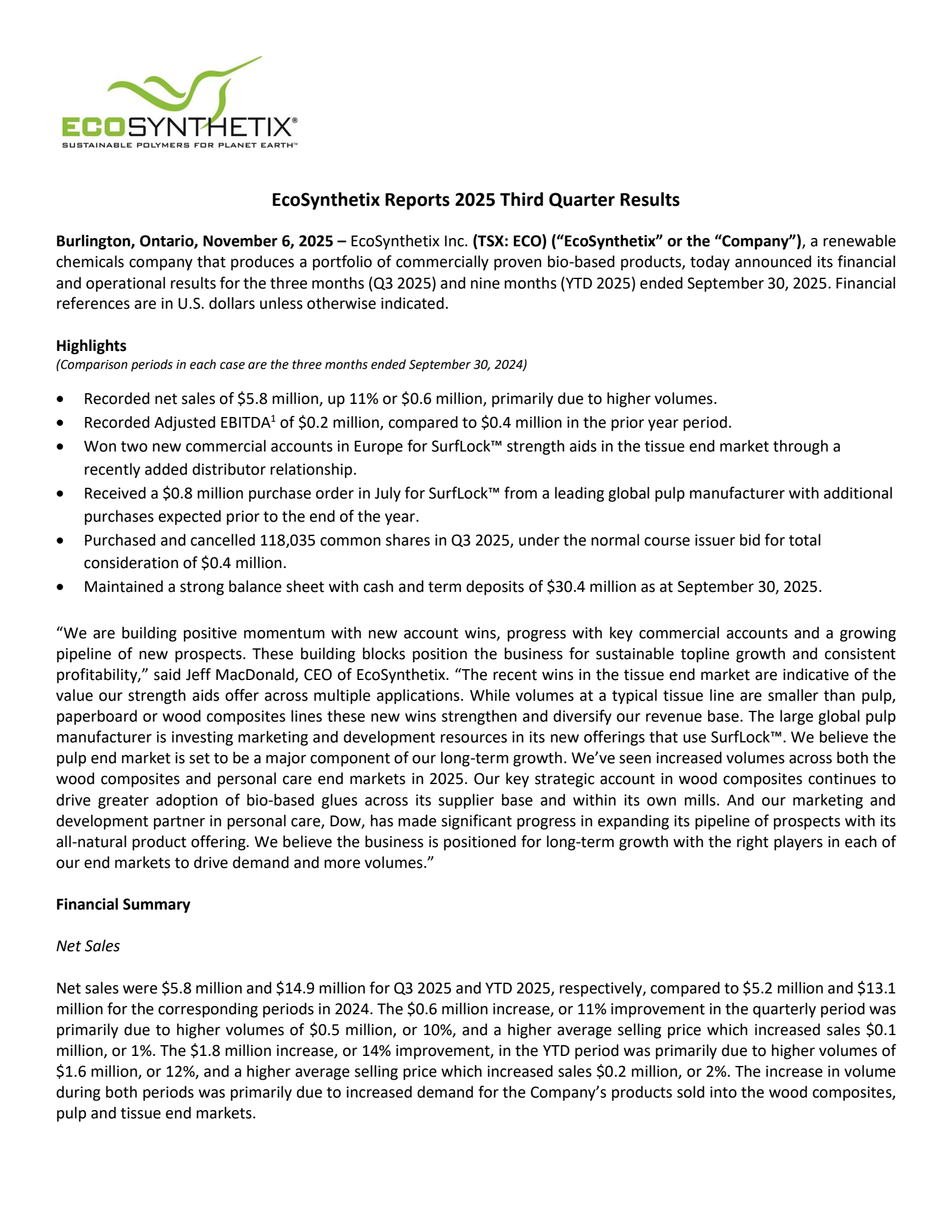 EcoSynthetix's Q3 2025 Earnings Release