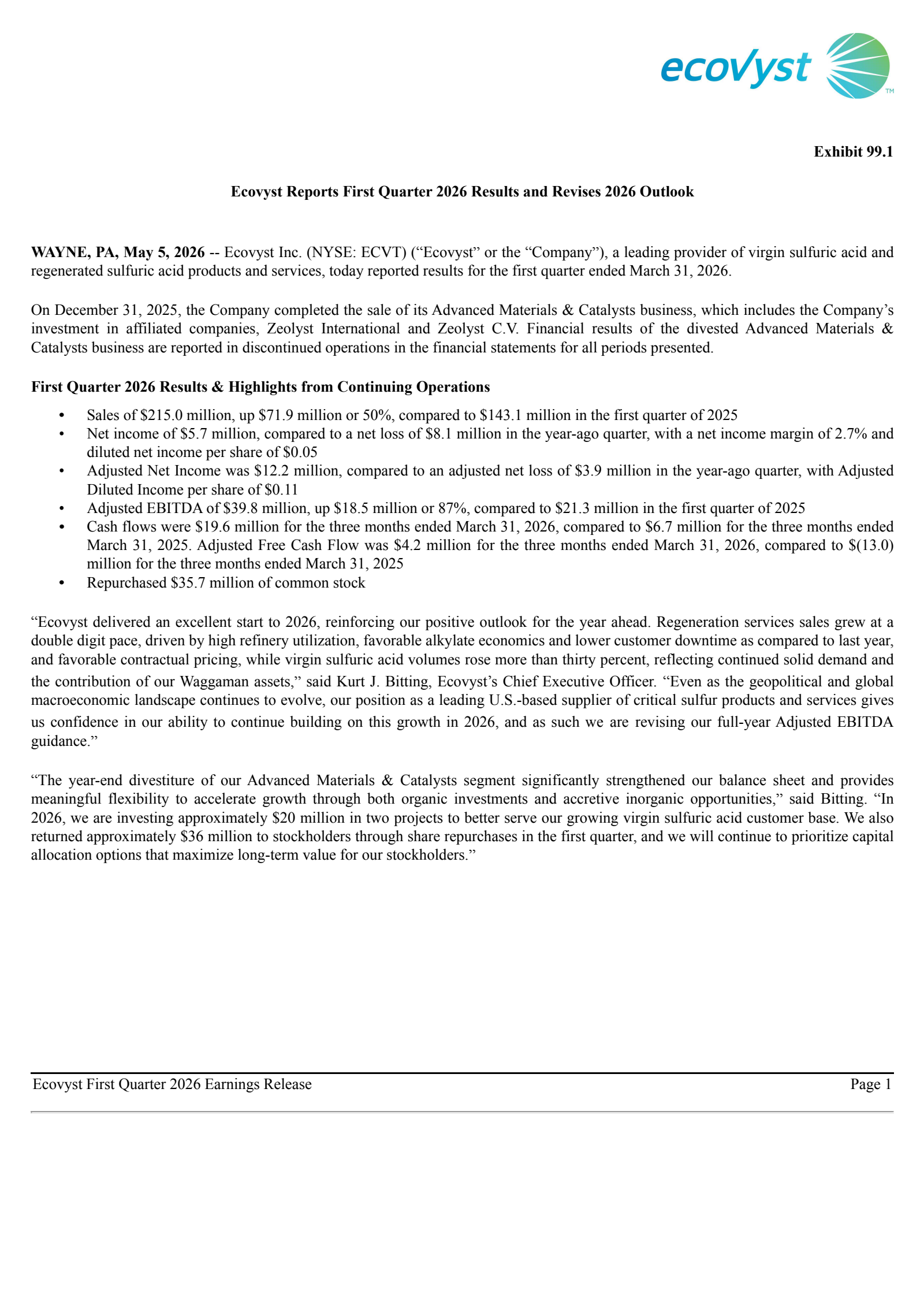 Ecovyst's Q1 2026 Press Release