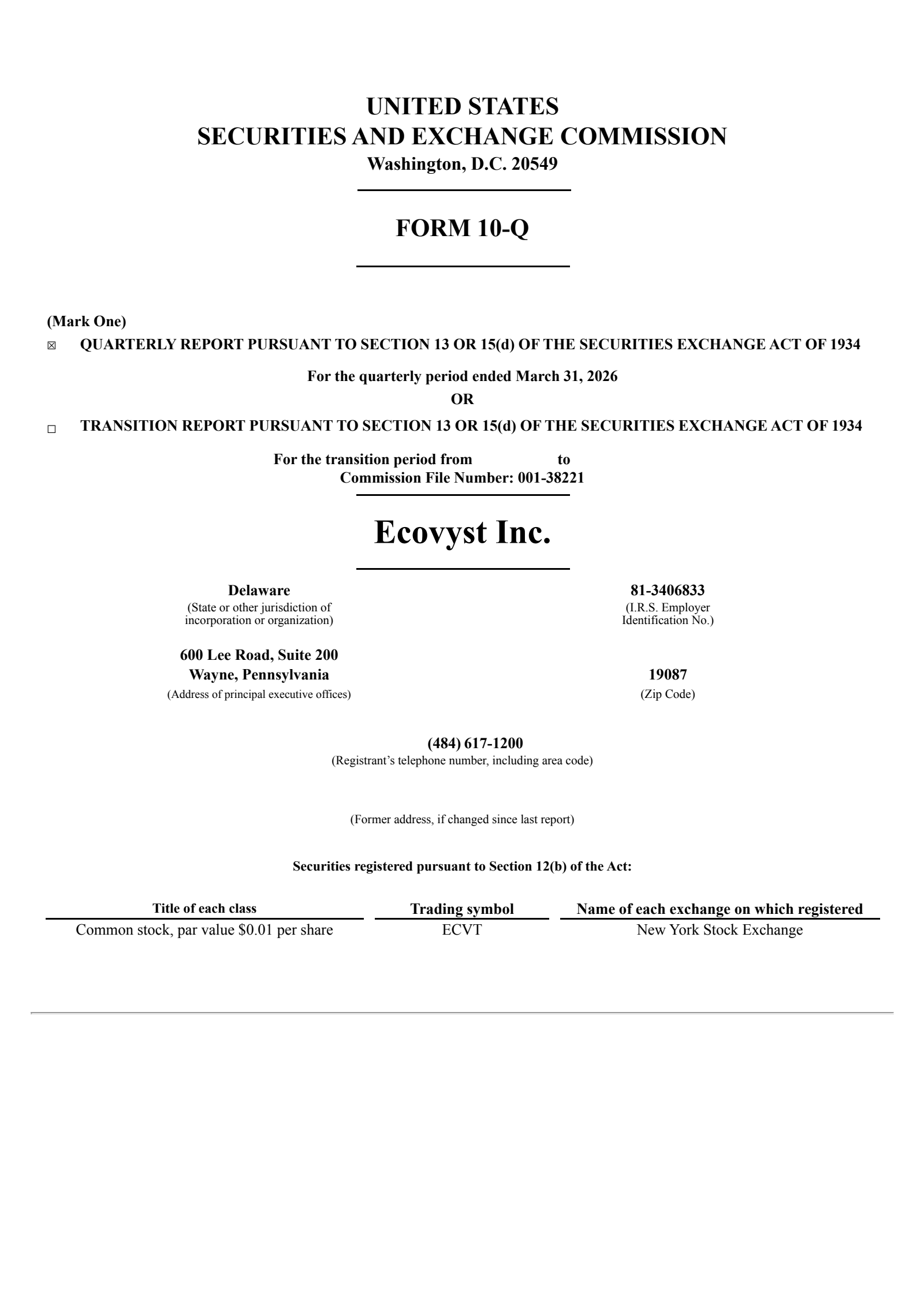 Ecovyst's Q1 2026 Quarterly report