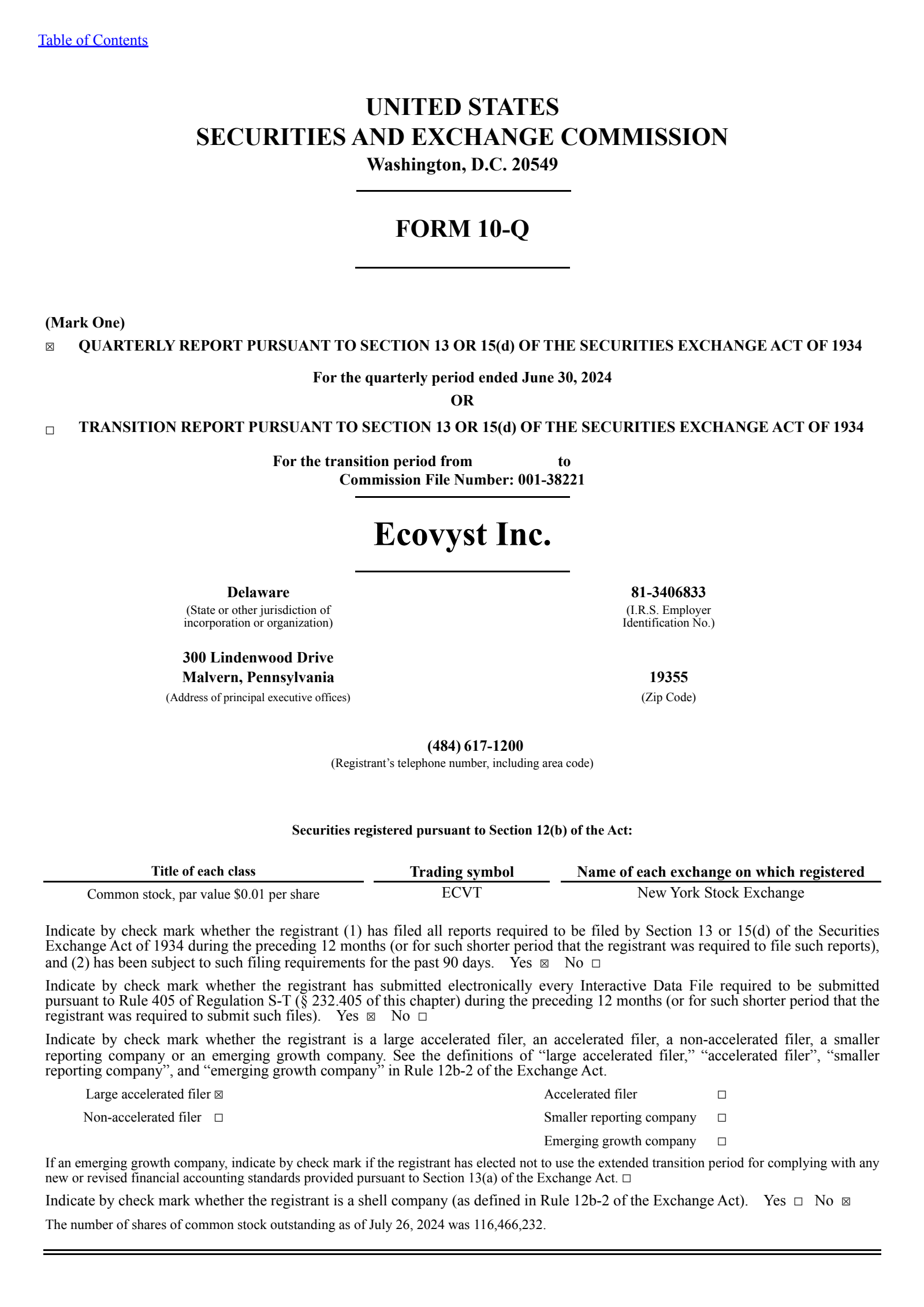 Ecovyst's Q2 2024 Quarterly report