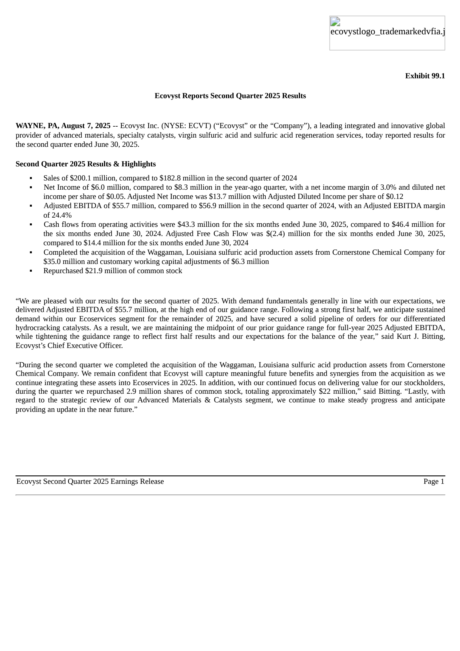 Ecovyst's Q2 2025 Press Release