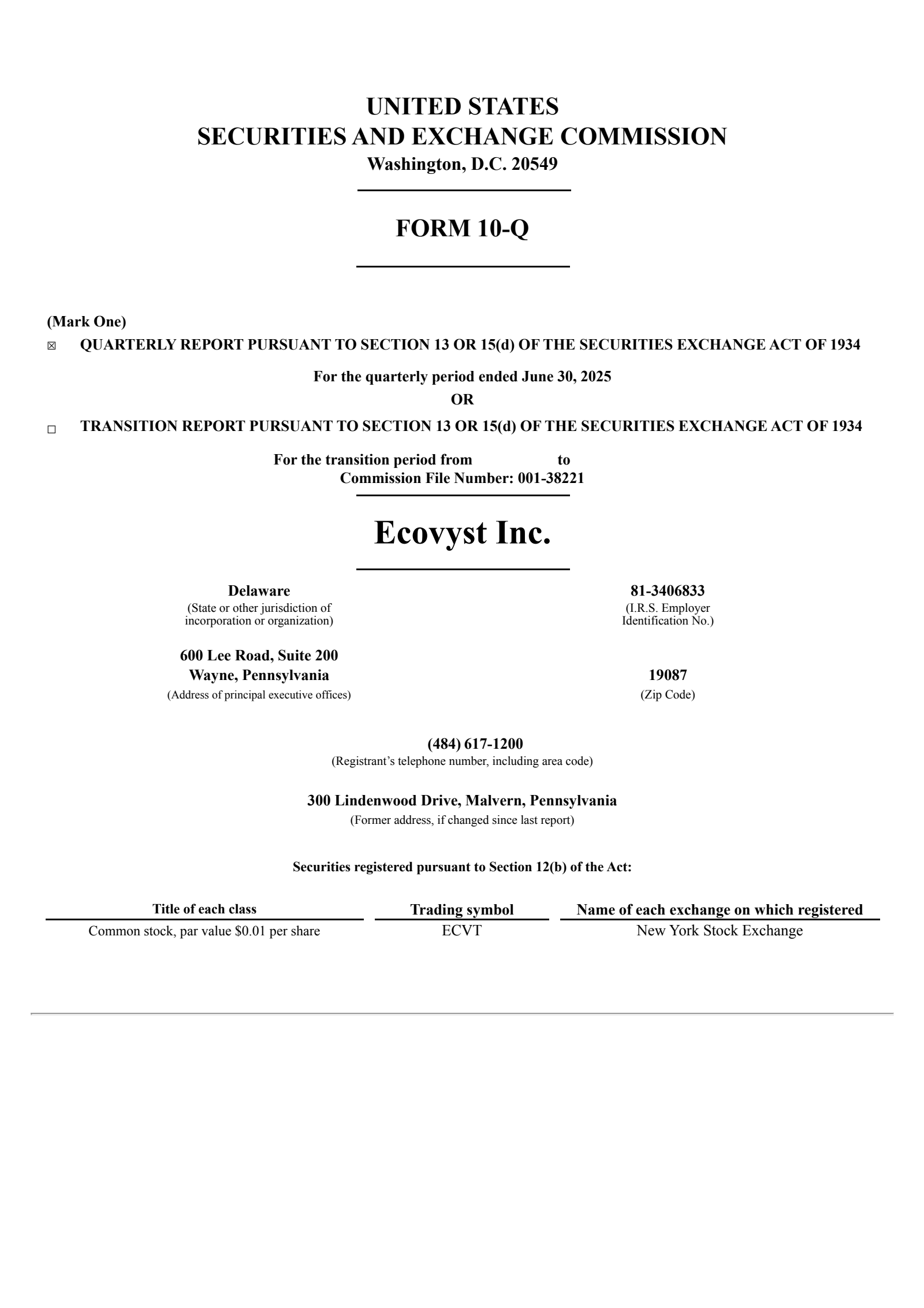 Ecovyst's Q2 2025 Quarterly report