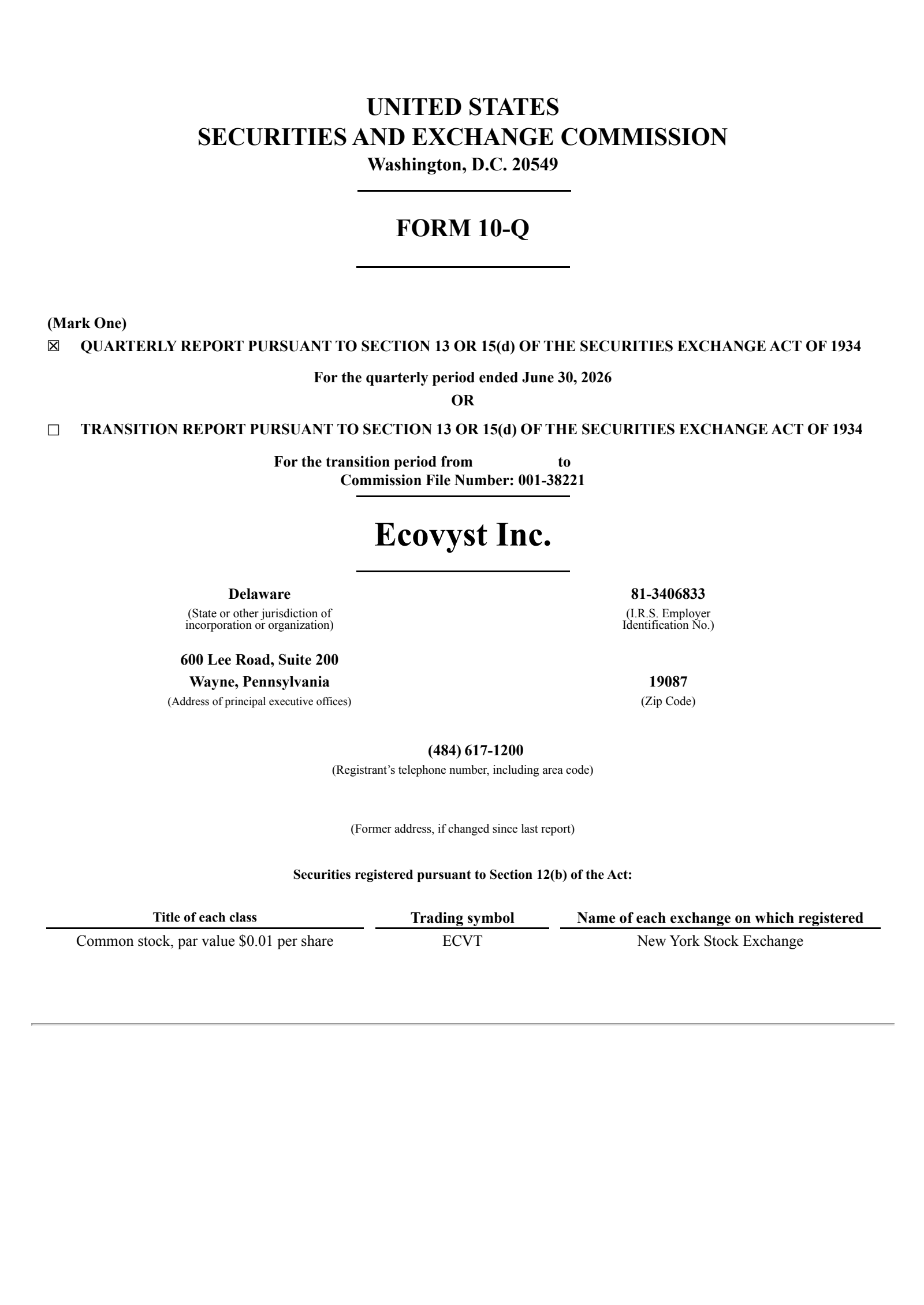 Ecovyst's Q2 2026 Quarterly report