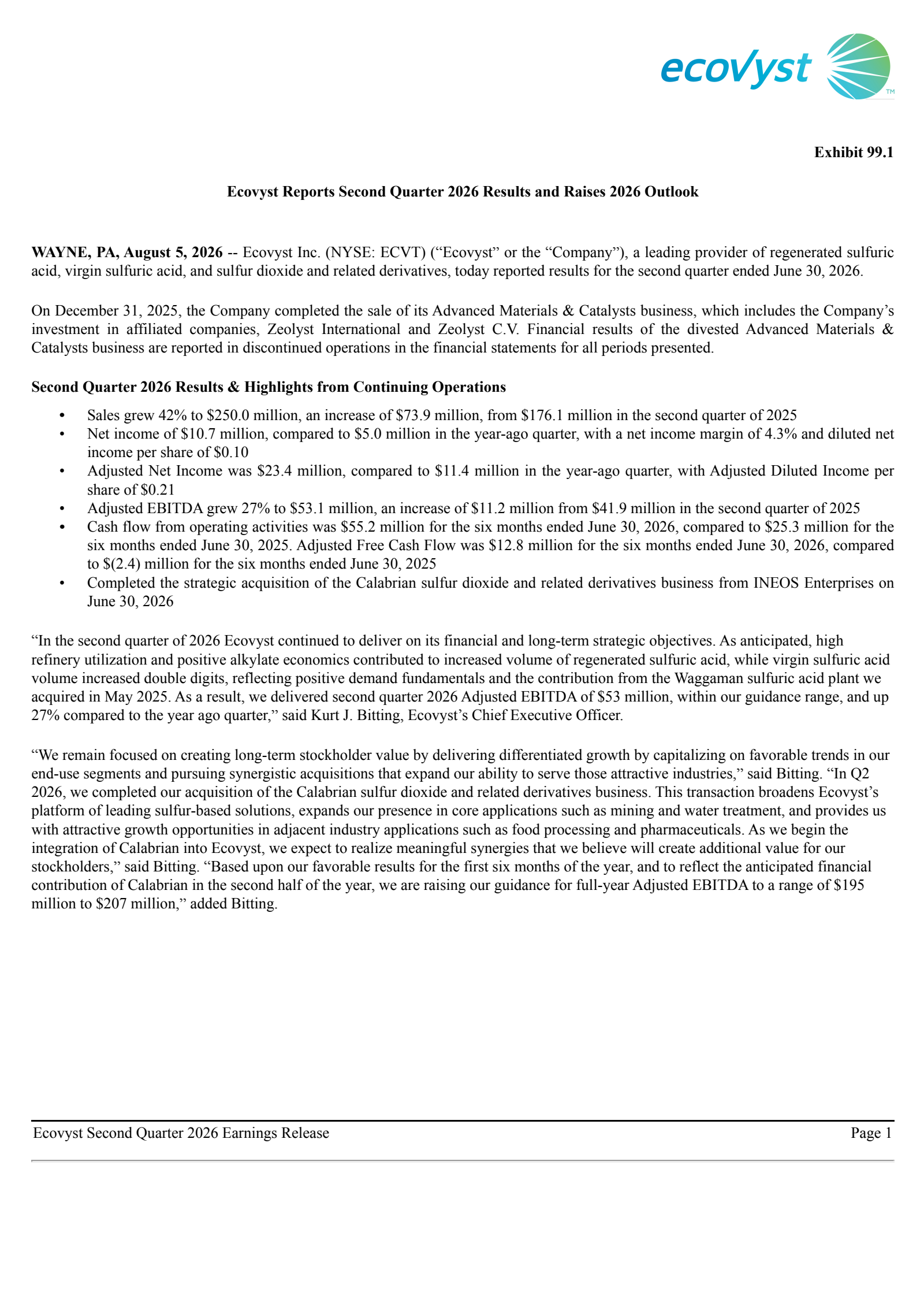 Ecovyst's Q2 2026 Press Release