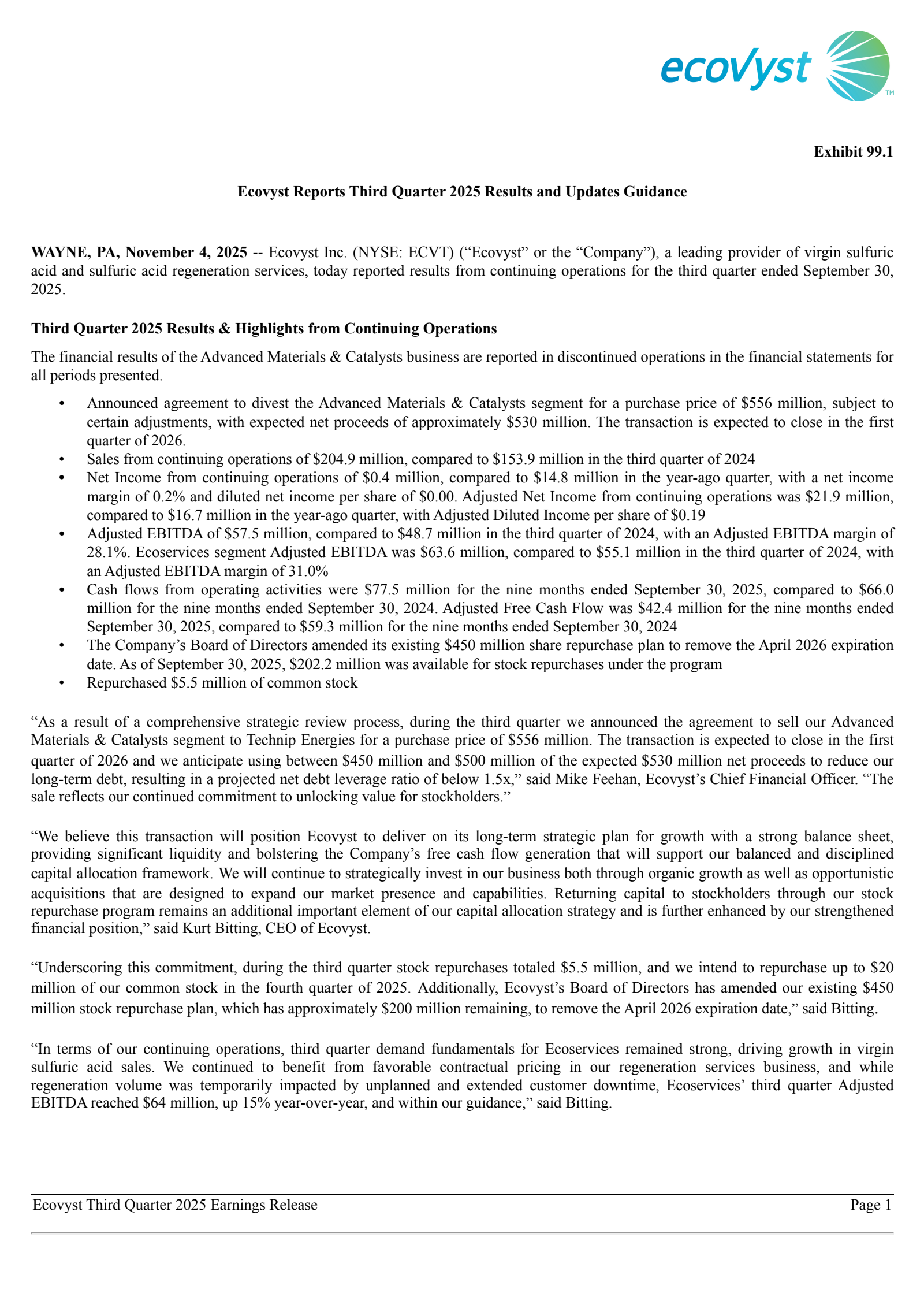 Ecovyst's Q3 2025 Earnings Release
