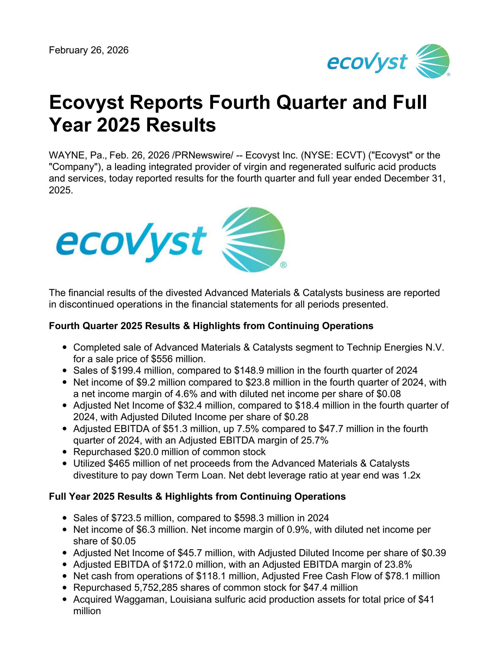 Ecovyst's Q4 2025 Press Release