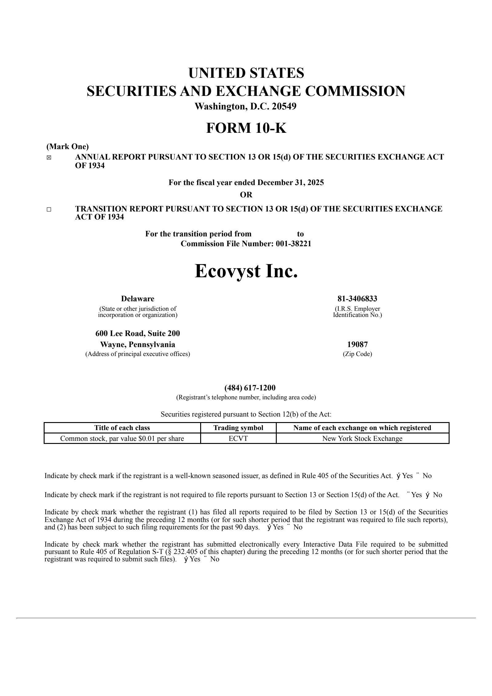 Ecovyst's Q4 2025 Annual report