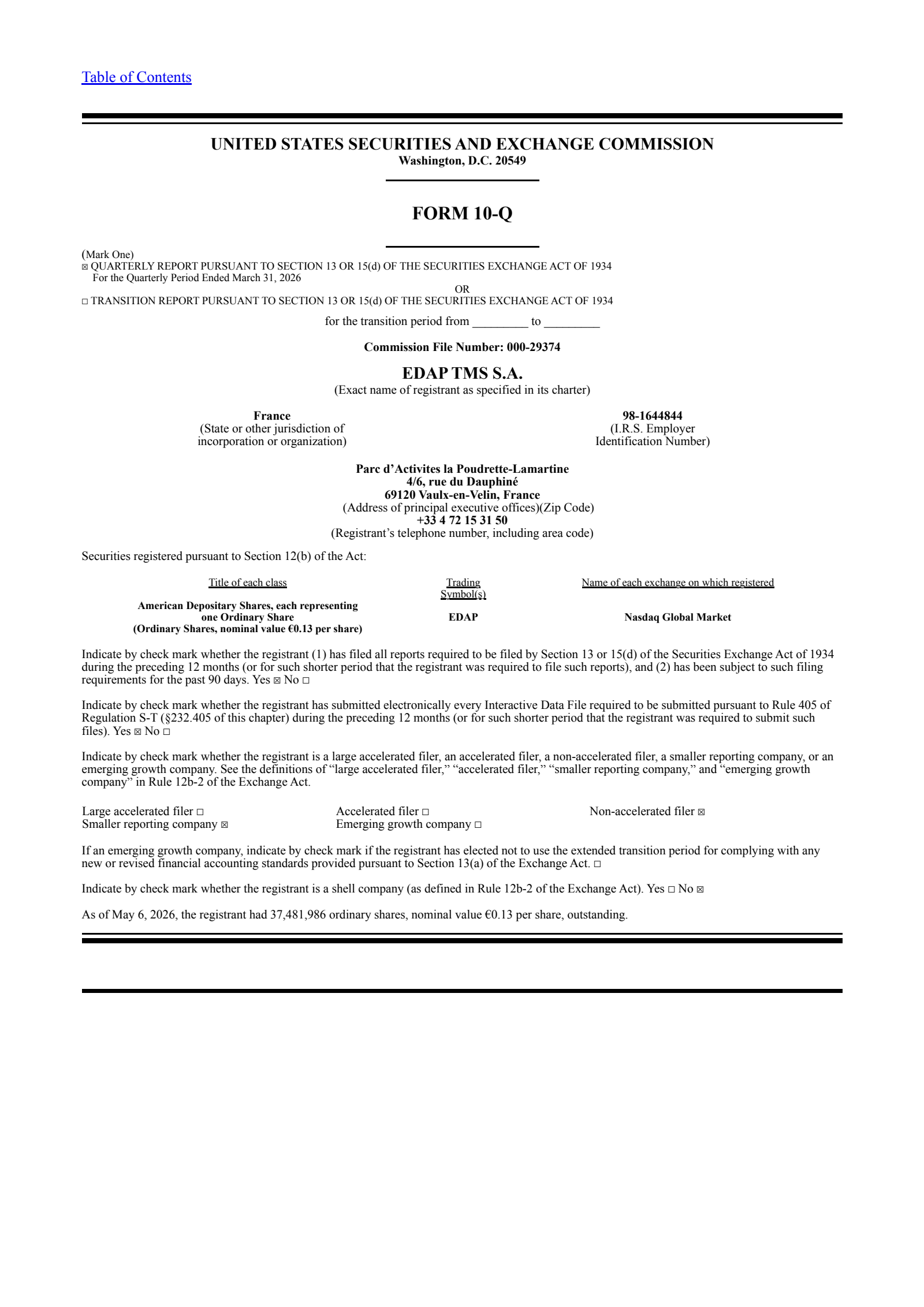 Edap Tms' Q1 2026 Quarterly report