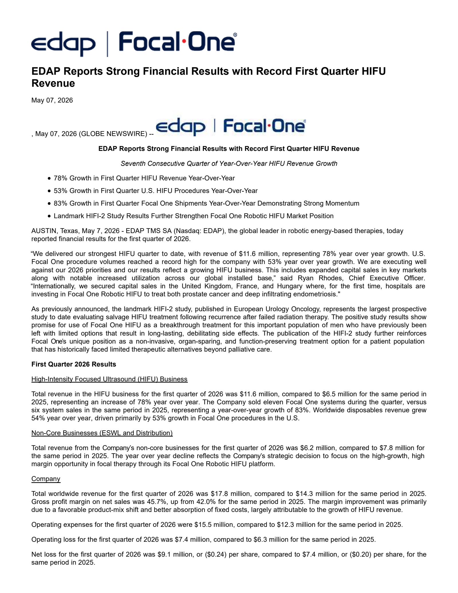 Edap Tms' Q1 2026 Press Release